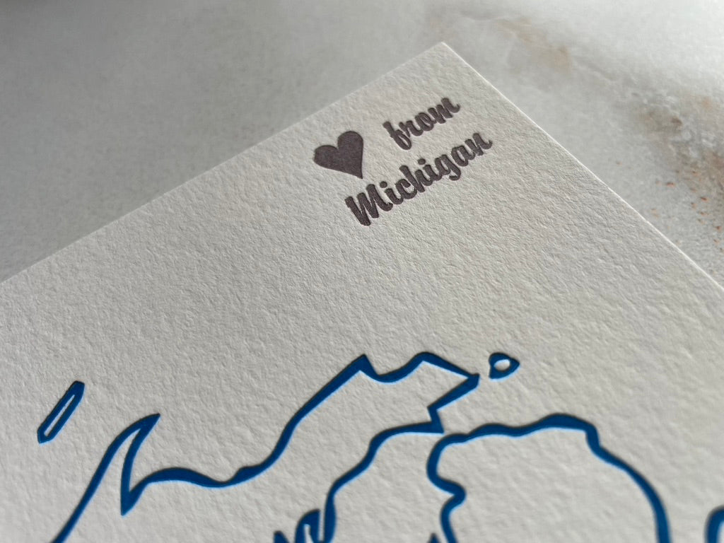 Letterpress Love from Michigan, Folded Notecard with Envelope. - Hearty Greetings
