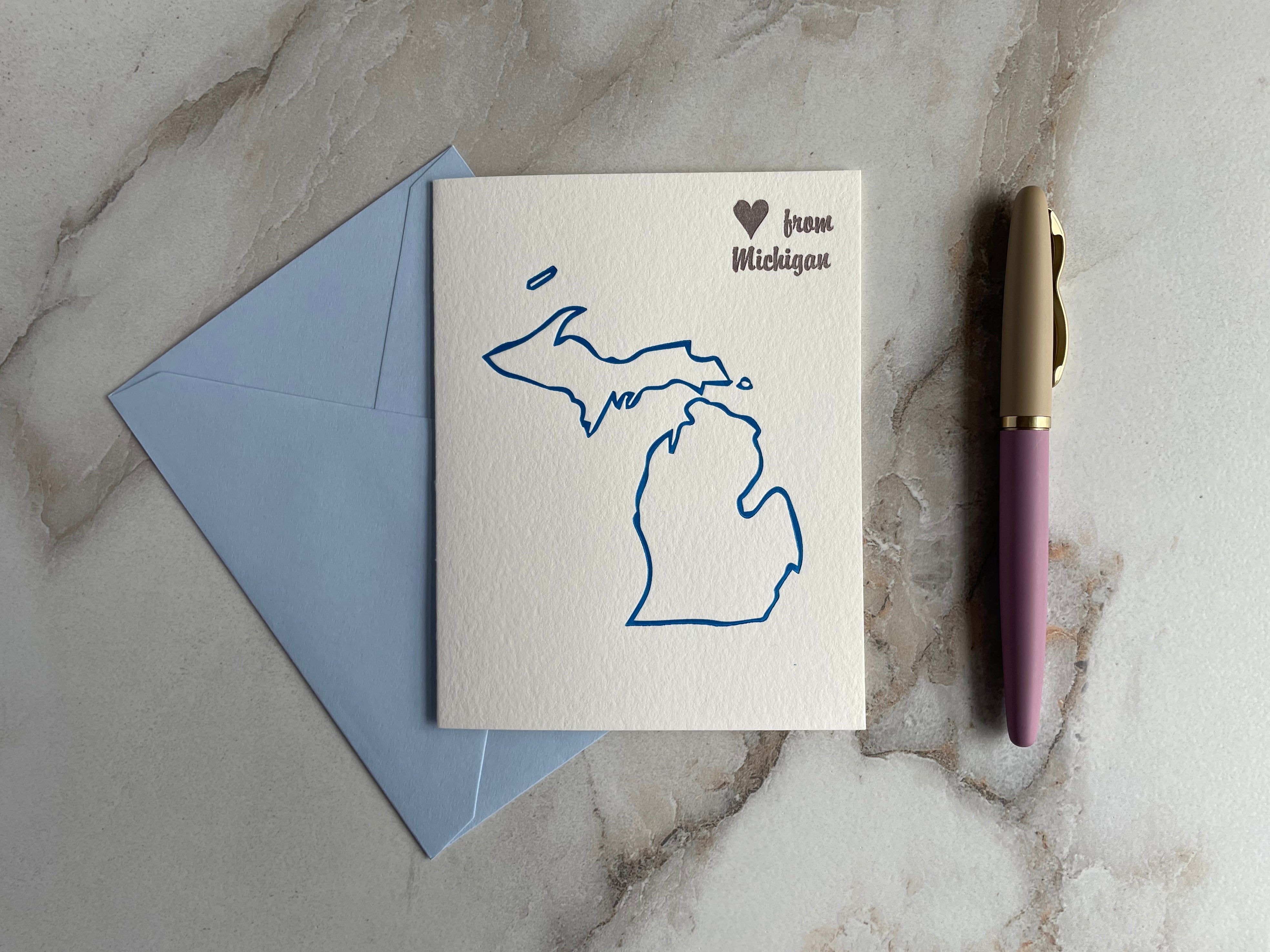 Letterpress Love from Michigan, Folded Notecard with Envelope. - Hearty Greetings