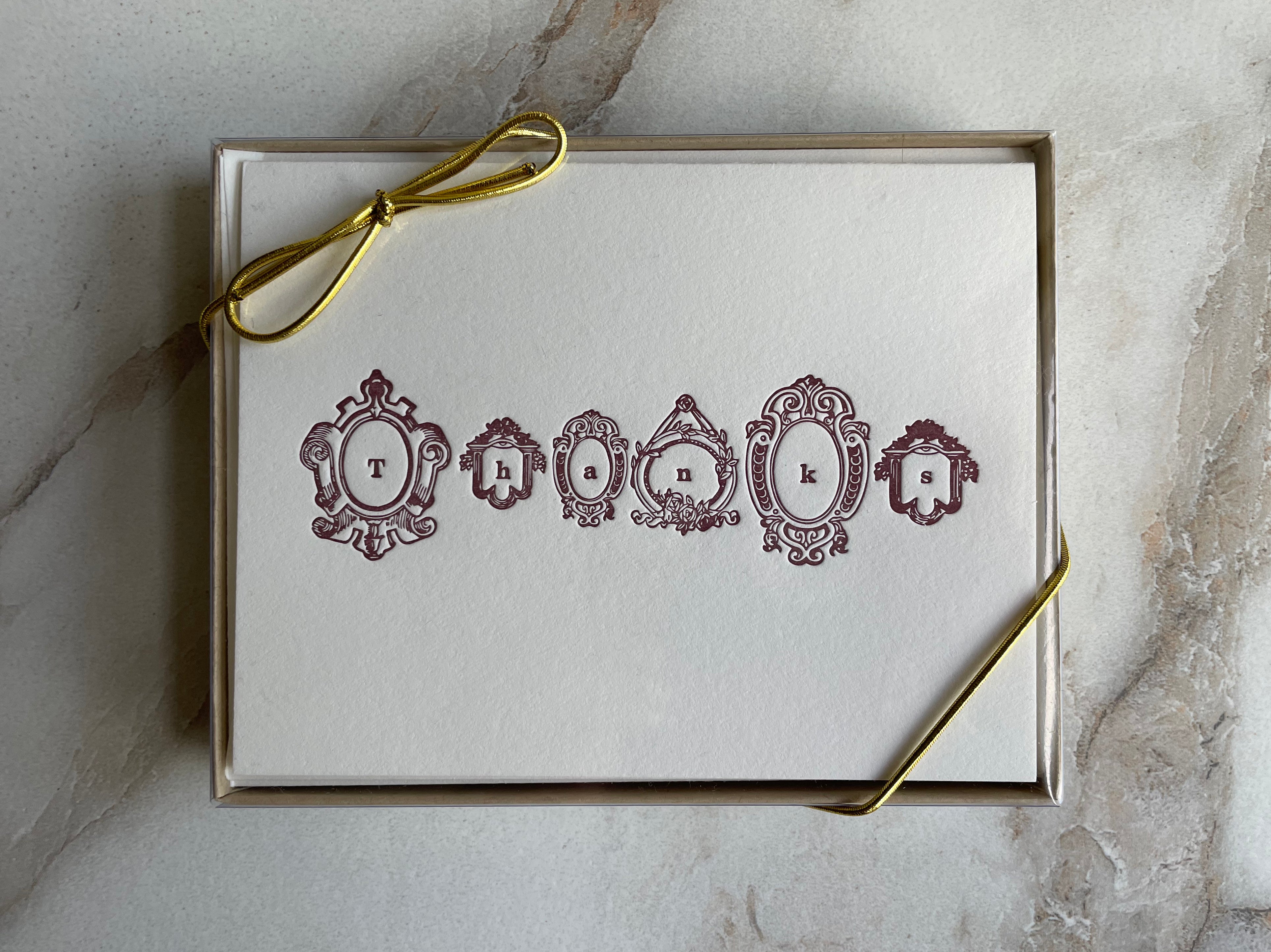 Set of 10, Letterpress, THANKS Folded Cards with Envelopes.  Boxed card set. - Hearty Greetings
