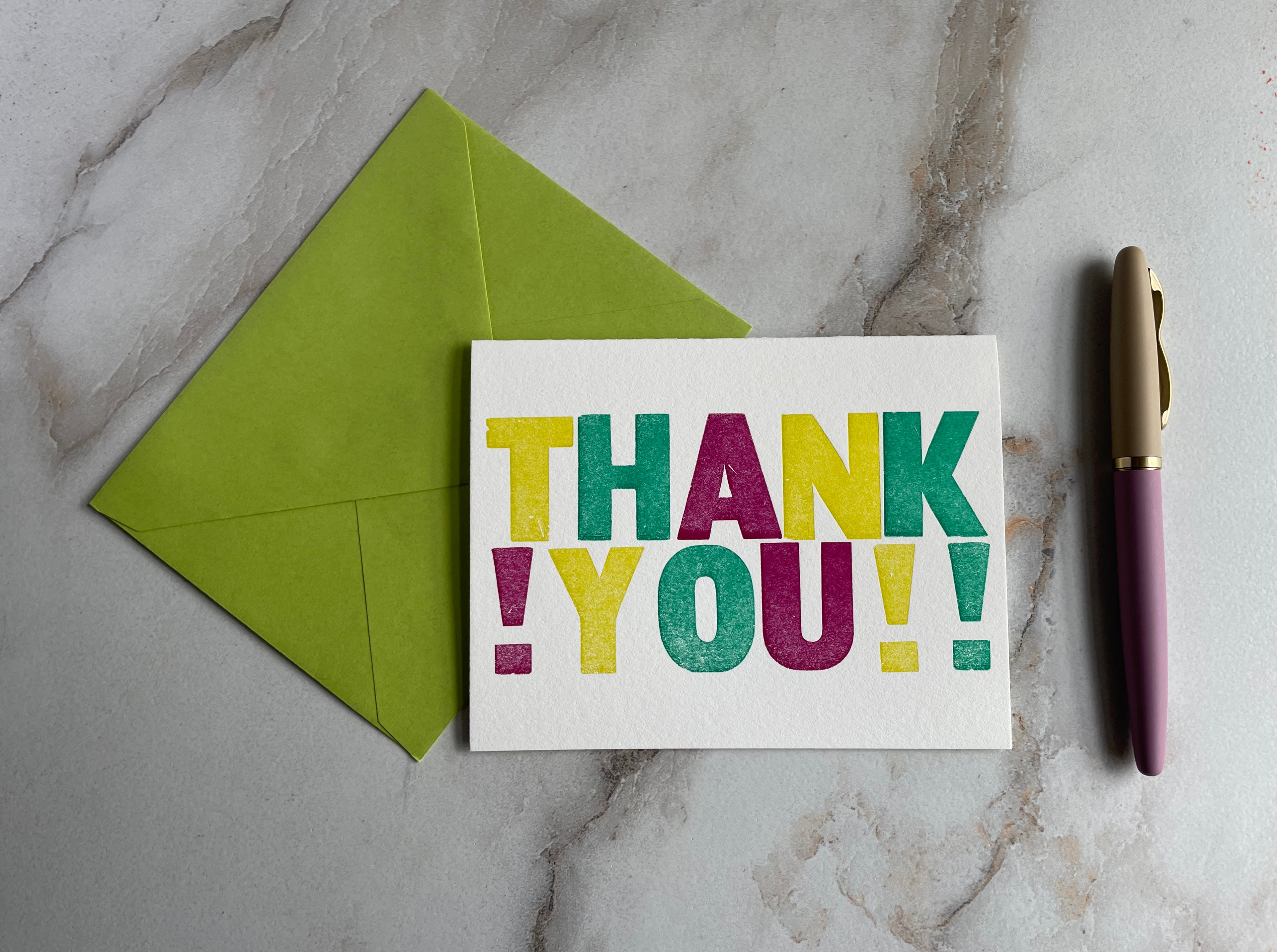Letterpress THANK YOU Card, Colorful Folded Notecard with Envelope. - Hearty Greetings