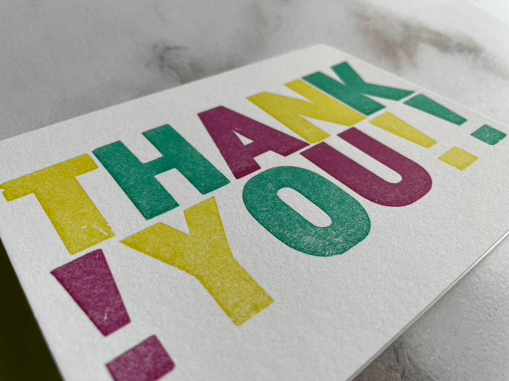 Letterpress THANK YOU Card, Colorful Folded Notecard with Envelope. - Hearty Greetings