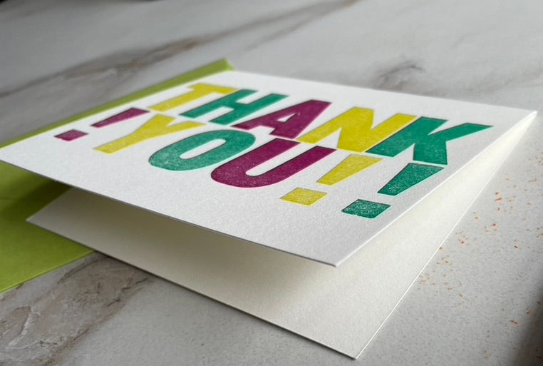 Letterpress THANK YOU Card, Colorful Folded Notecard with Envelope. - Hearty Greetings