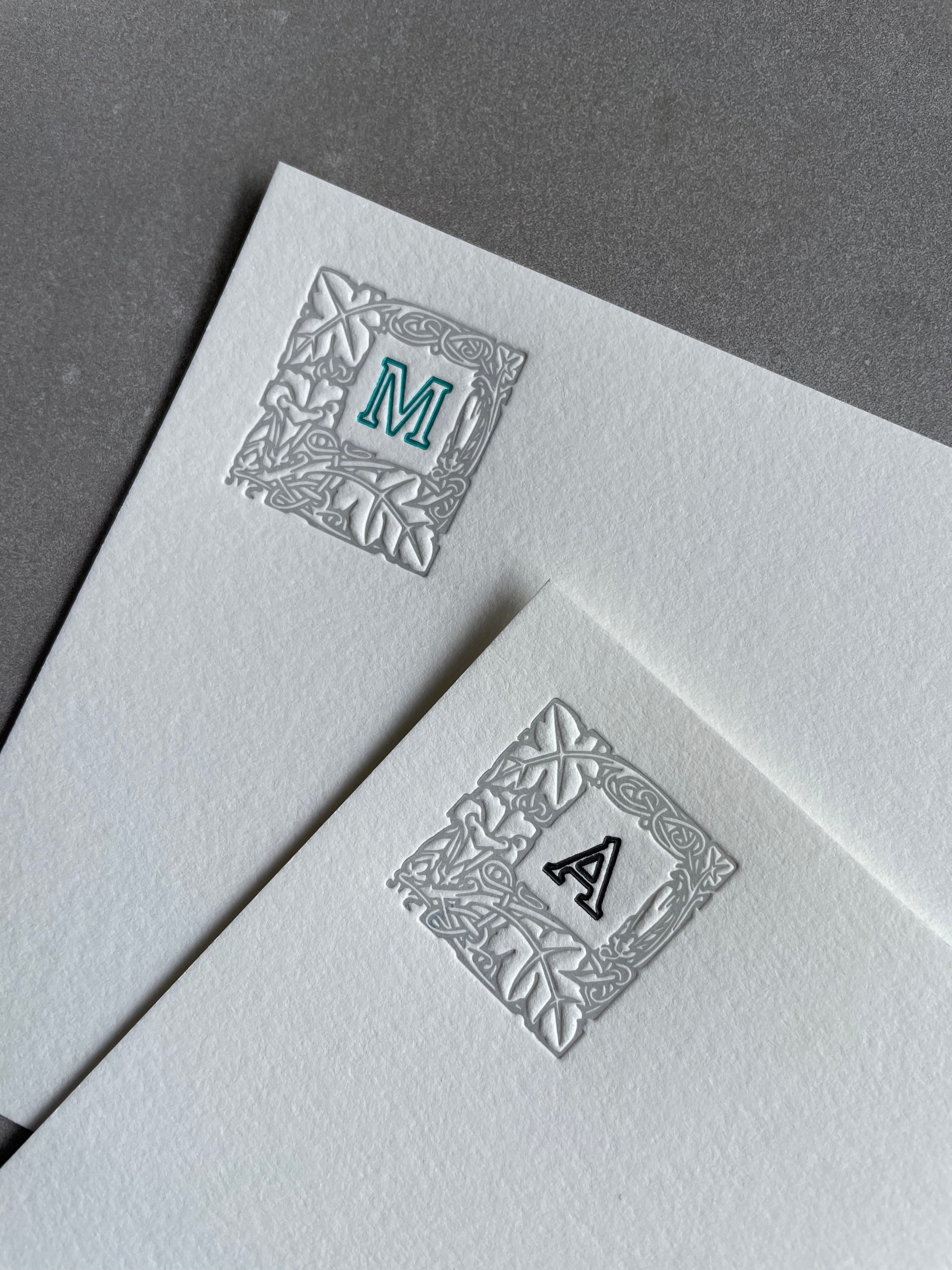 Lovely Leaf: 2-Color, Custom Initial Letterpress Stationery. Personalized Notecards with Envelopes. - Hearty Greetings