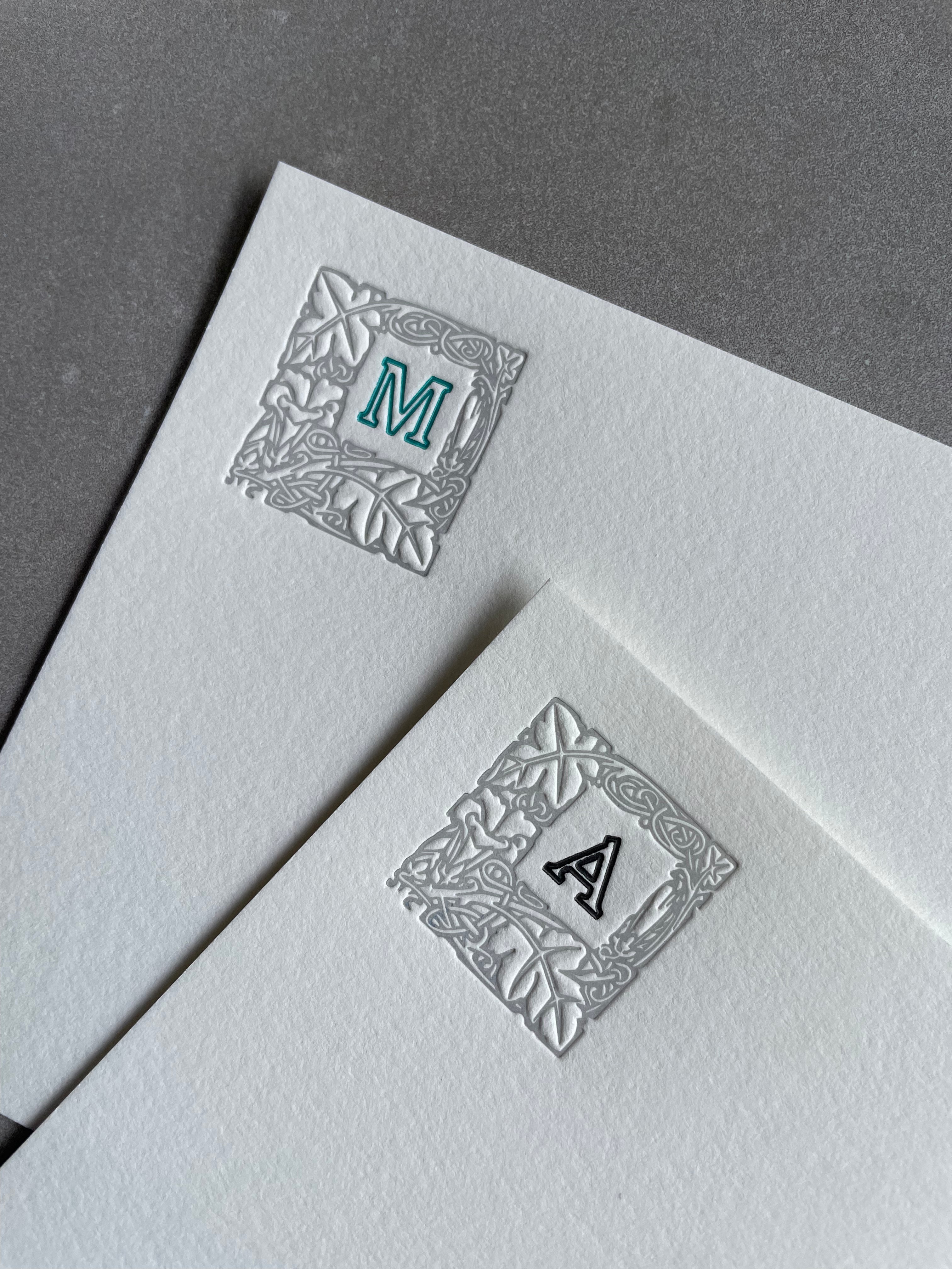 Lovely Leaf: 2-Color, Custom Initial Letterpress Stationery. Personalized Notecards with Envelopes. - Hearty Greetings