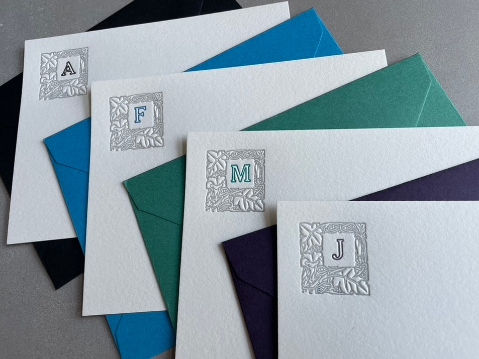 Lovely Leaf: 2-Color, Custom Initial Letterpress Stationery. Personalized Notecards with Envelopes. - Hearty Greetings