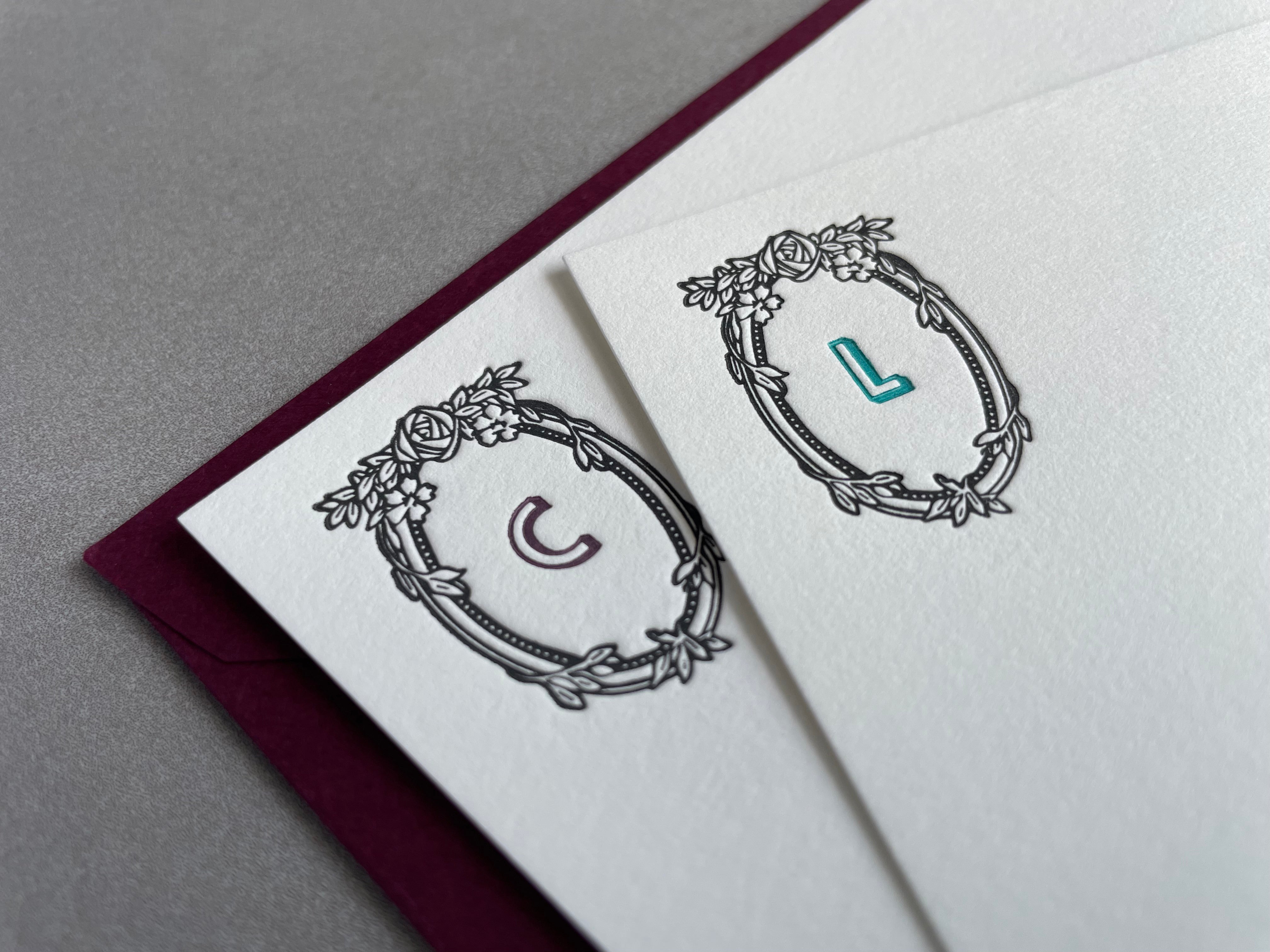 Feeling Rosey: Jewel Tone 2-Color, Custom Initial Letterpress Stationery. Personalized Notecards with Envelopes. - Hearty Greetings