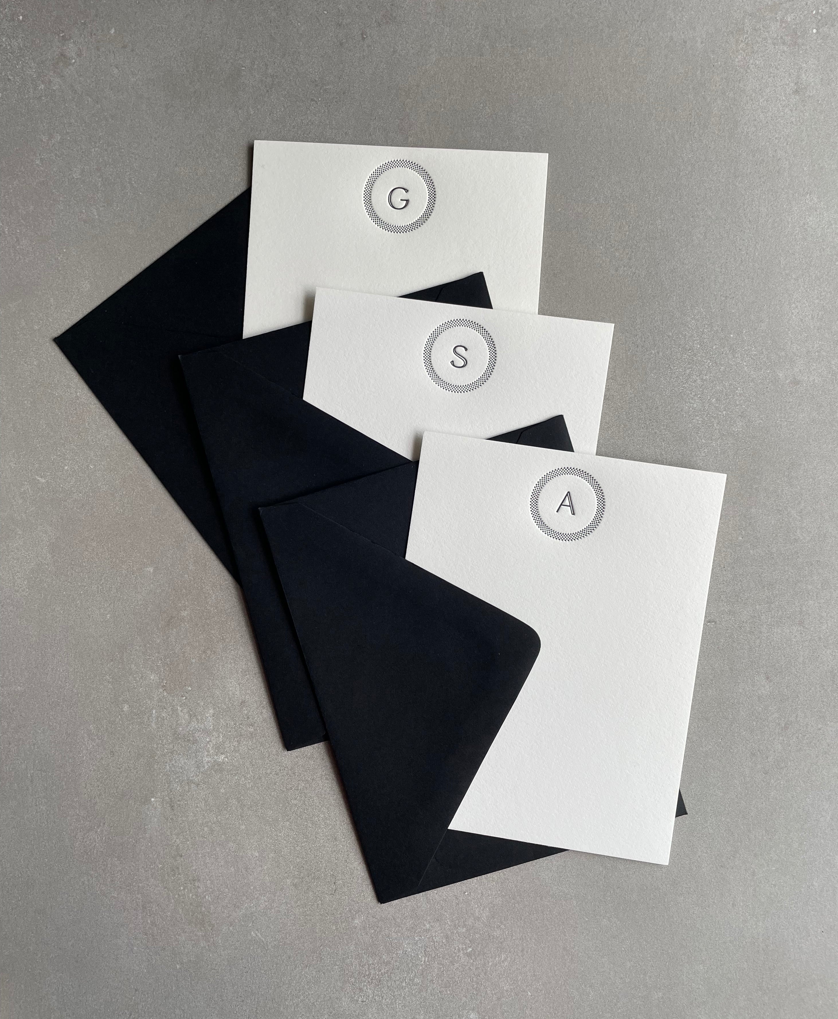 Simple Circle: Custom Initial Letterpress Stationery. Personalized Notecards with Envelopes - Hearty Greetings