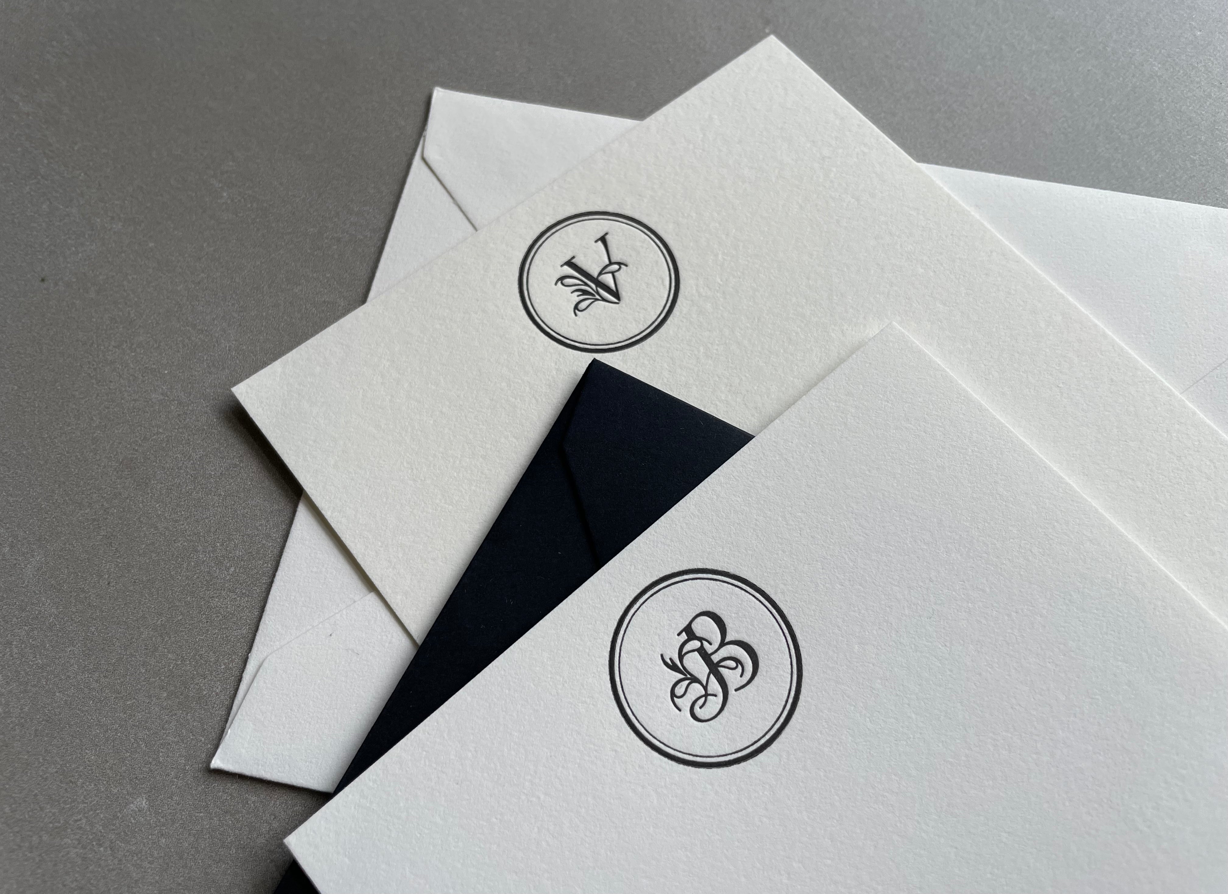 Fancy Stamp: Custom Initial Letterpress Stationery. Personalized Notecards with Envelopes. - Hearty Greetings