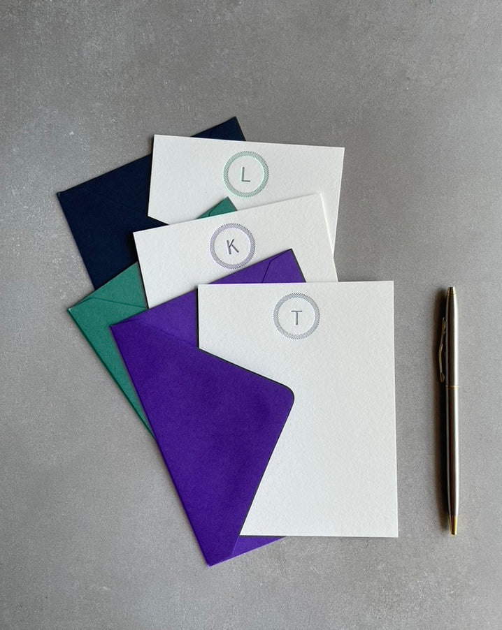 Simple Circle: Custom Initial Letterpress Stationery. Personalized Notecards with Envelopes. - Hearty Greetings