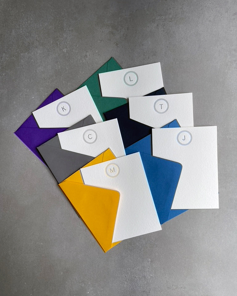 Simple Circle: Custom Initial Letterpress Stationery. Personalized Notecards with Envelopes. - Hearty Greetings