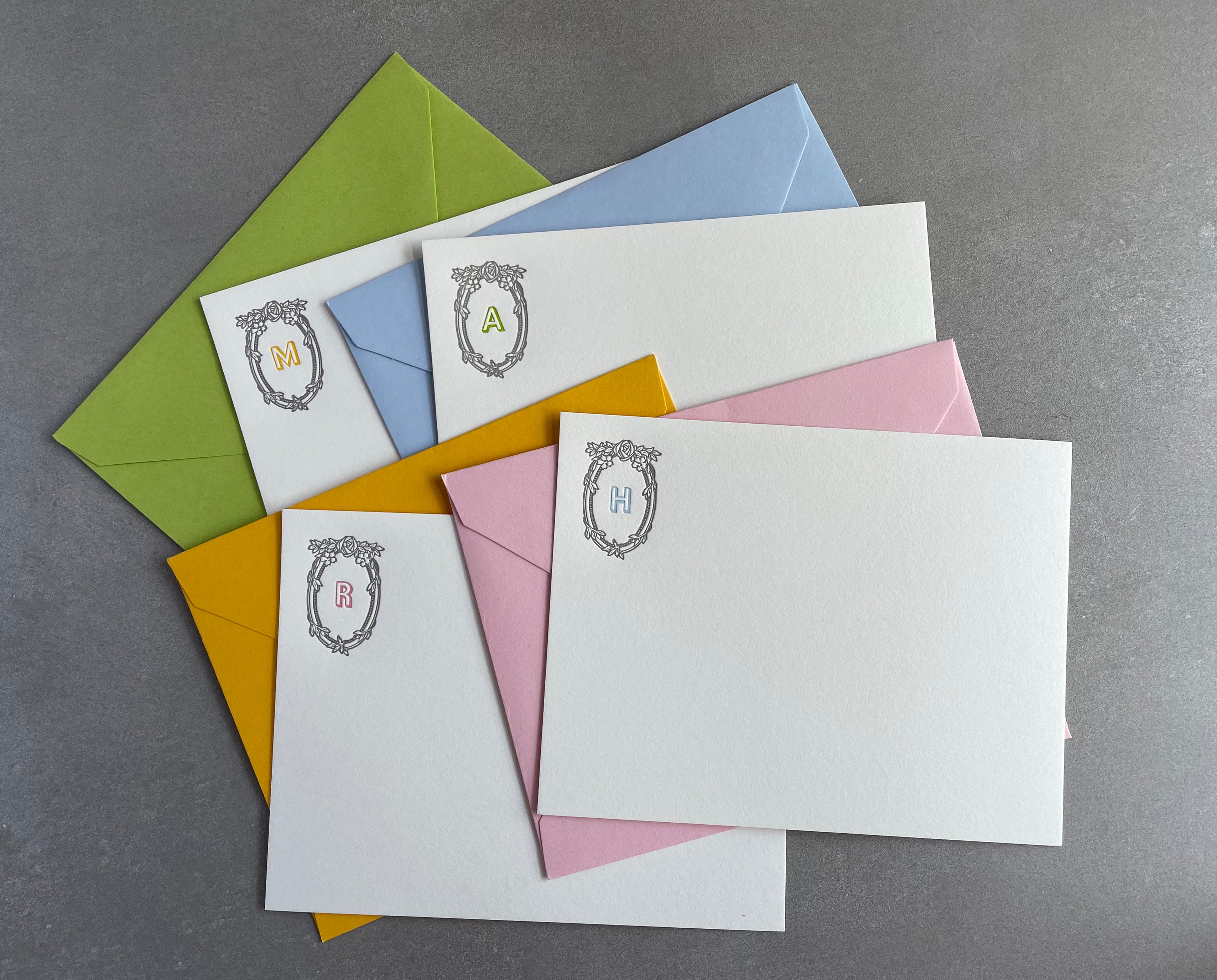 Feeling Rosey: Pastel Tones 2-Color, Custom Initial Letterpress Stationery. Personalized Notecards with Envelopes. - Hearty Greetings