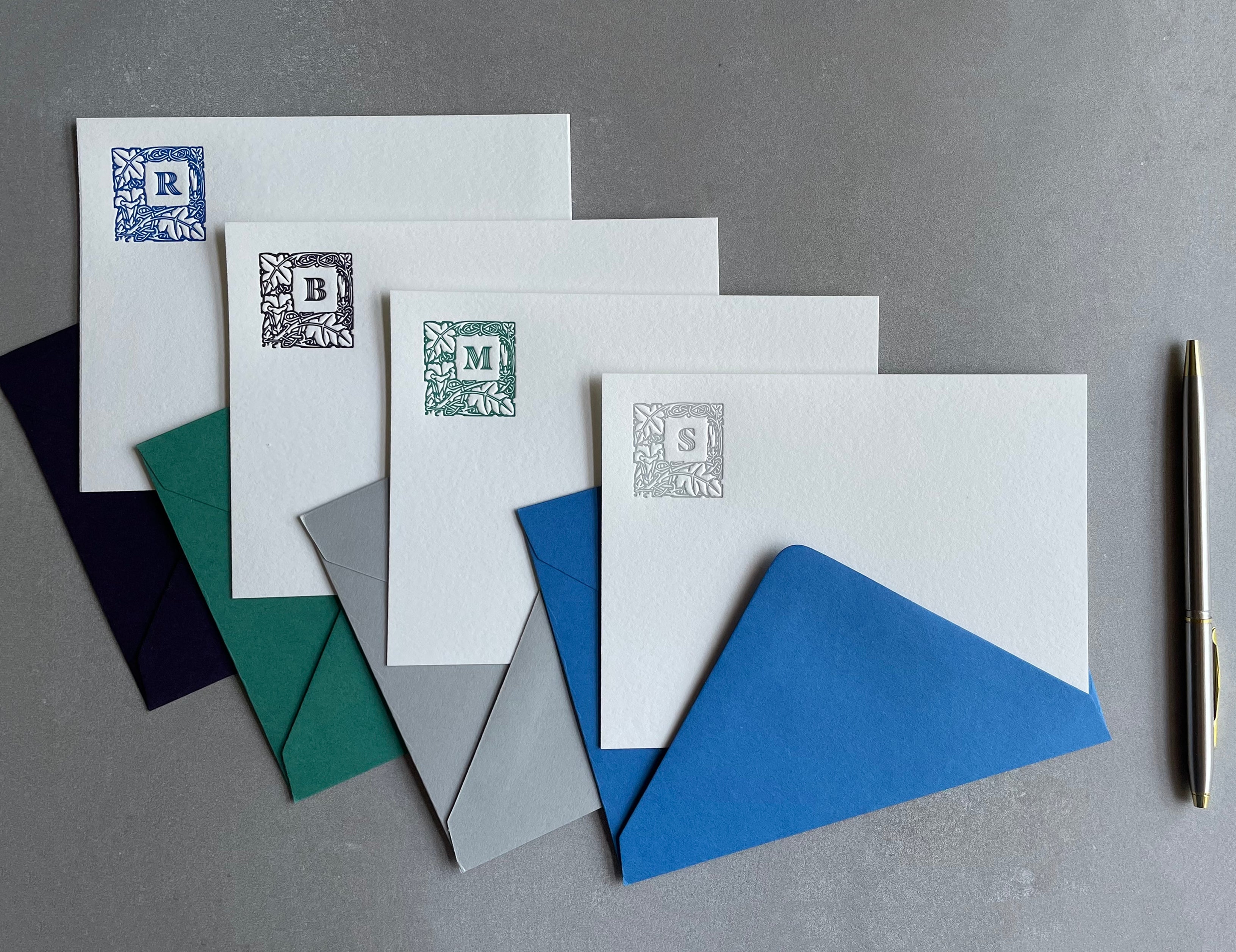 Lovely Leaf: Custom Initial Letterpress Stationery. Personalized Notecards with Envelopes. - Hearty Greetings