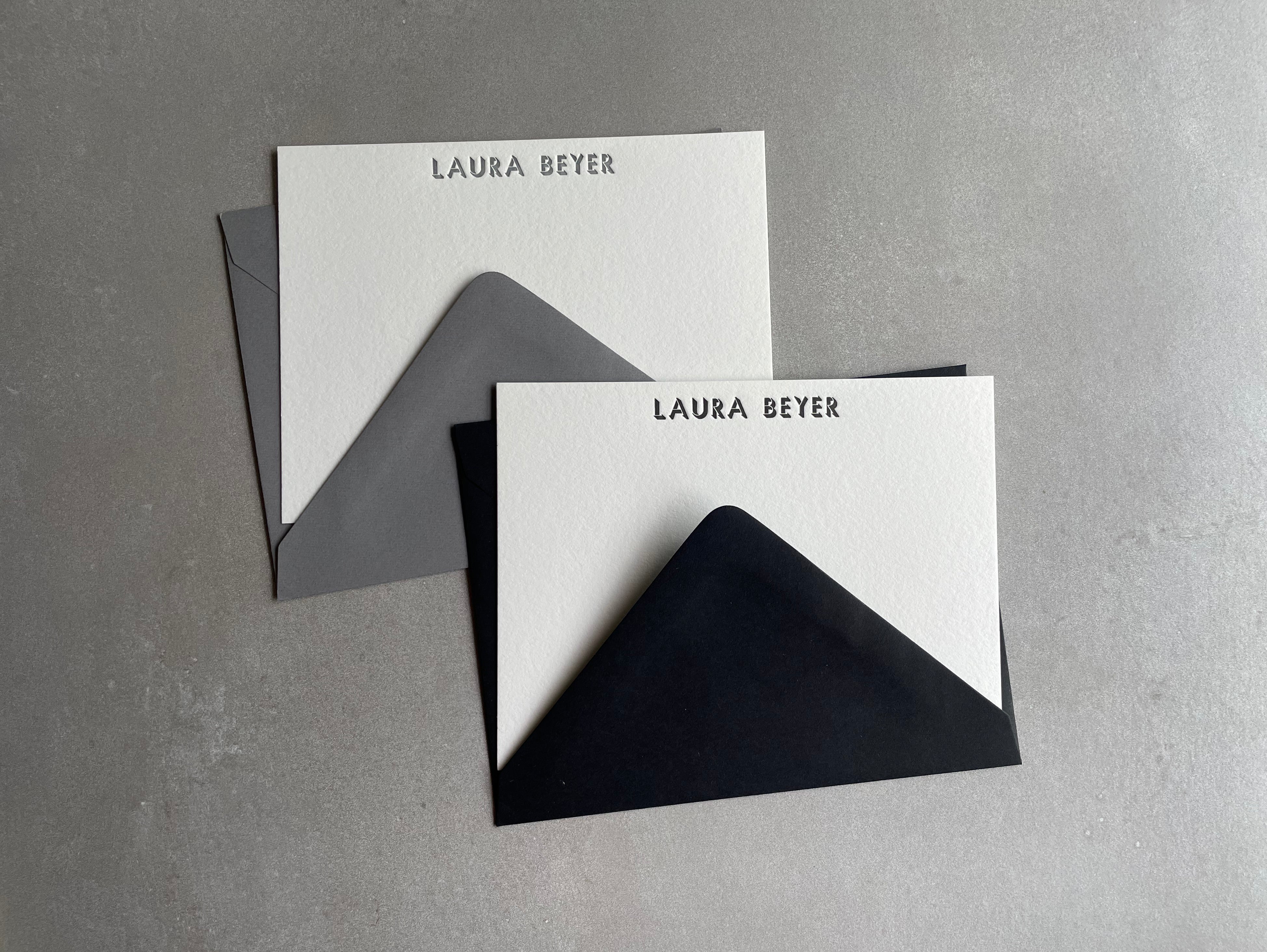 Shadow: Custom Name Letterpress Stationery. Personalized Notecards with Envelopes. - Hearty Greetings