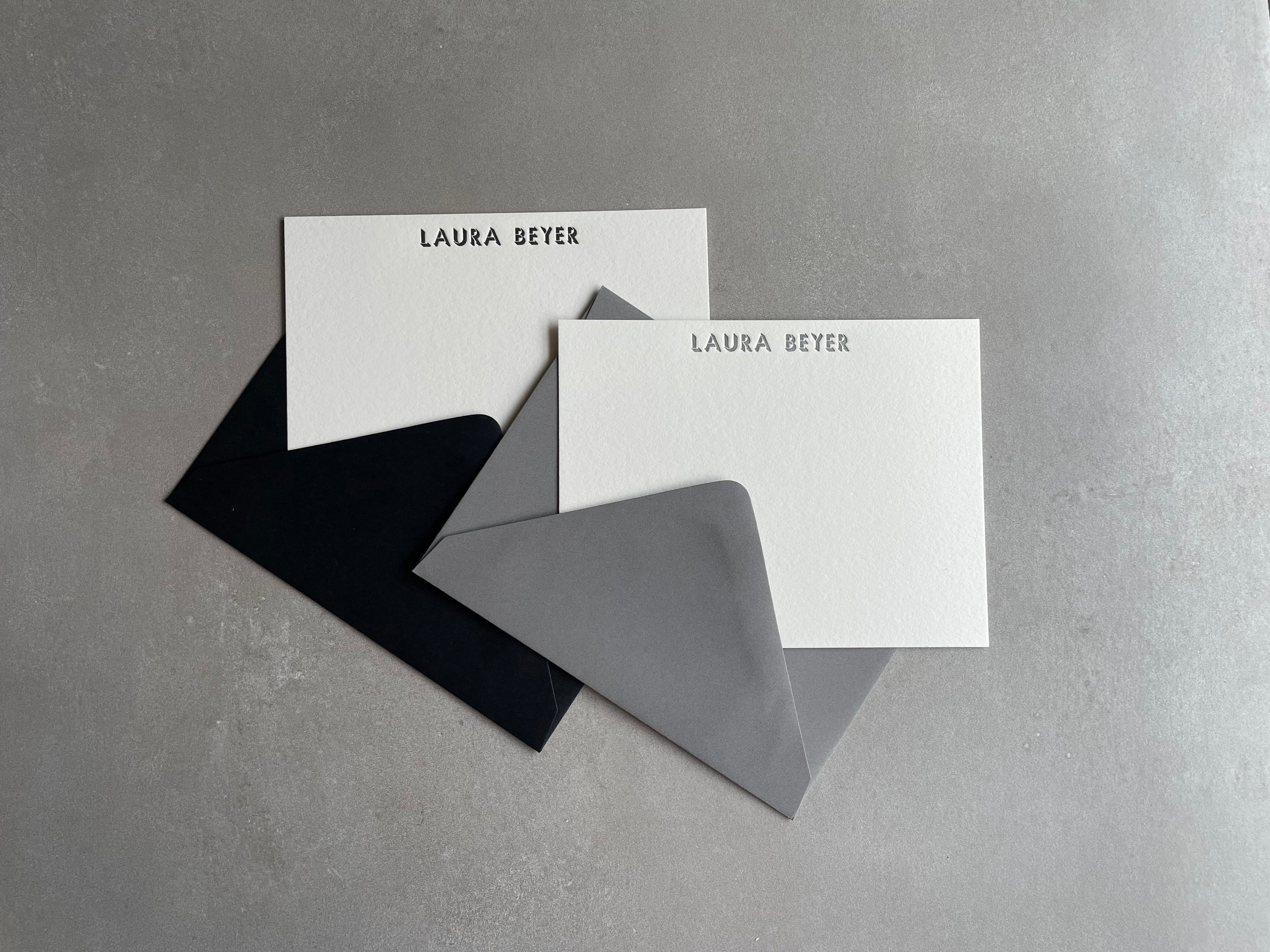 Shadow: Custom Name Letterpress Stationery. Personalized Notecards with Envelopes. - Hearty Greetings