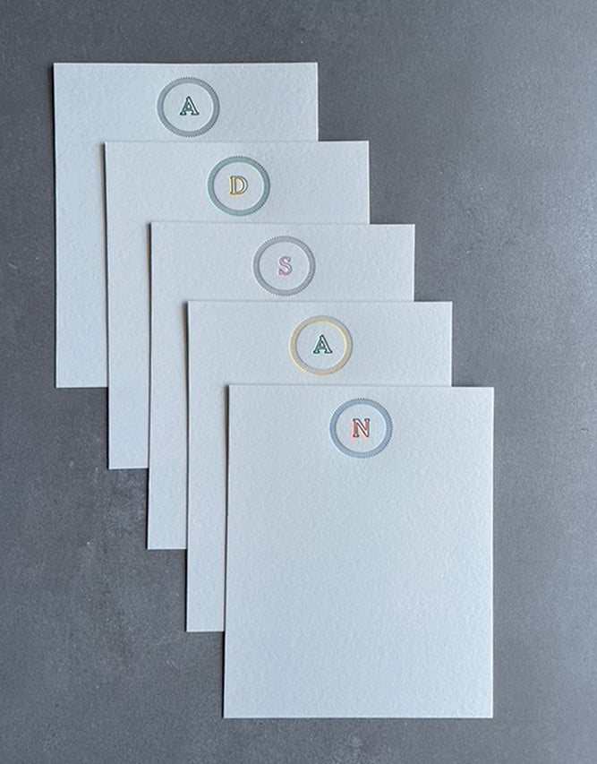 Simple Circle: 2 Color, Custom Initial Letterpress Stationery. Personalized Notecards with Envelopes. - Hearty Greetings