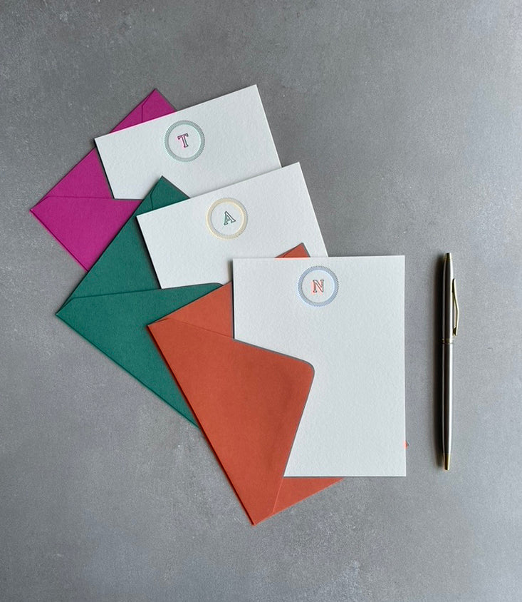 Simple Circle: 2 Color, Custom Initial Letterpress Stationery. Personalized Notecards with Envelopes. - Hearty Greetings