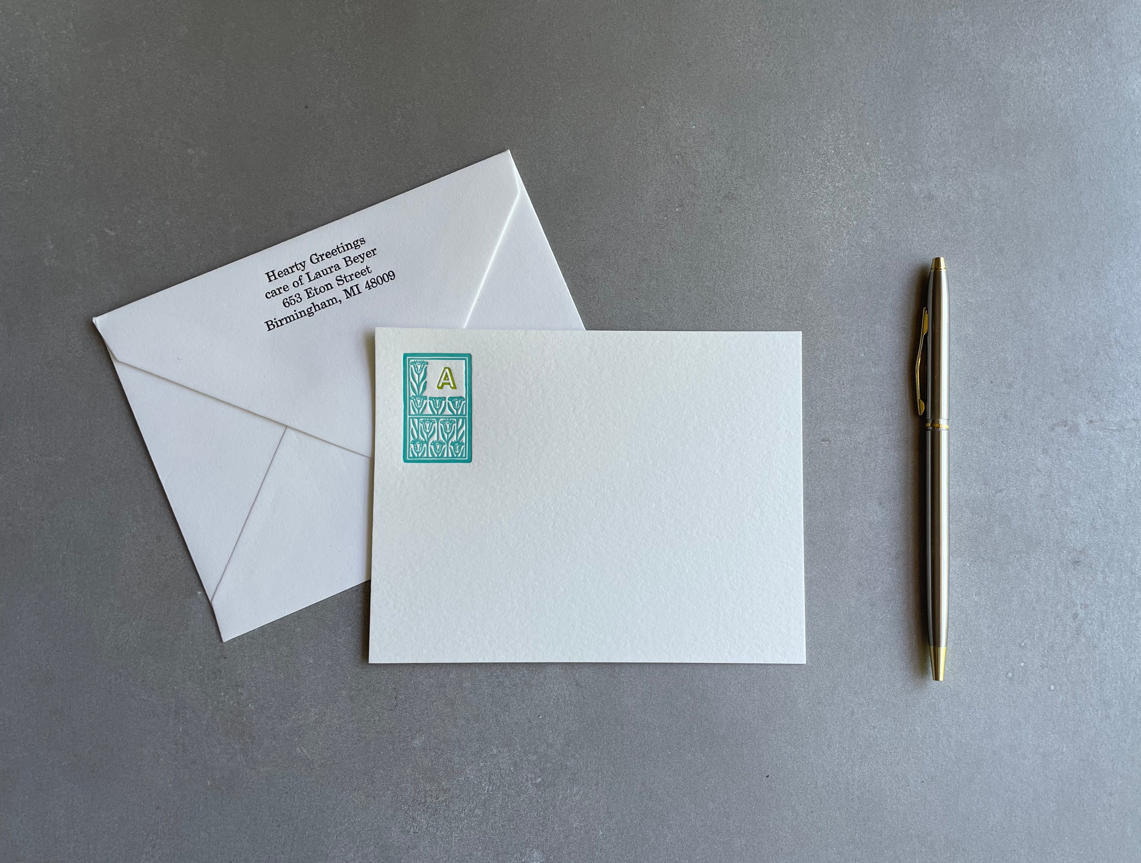 Art Deco: 2 Color, Custom Initial Letterpress Stationery. Personalized Notecards with Envelopes. - Hearty Greetings