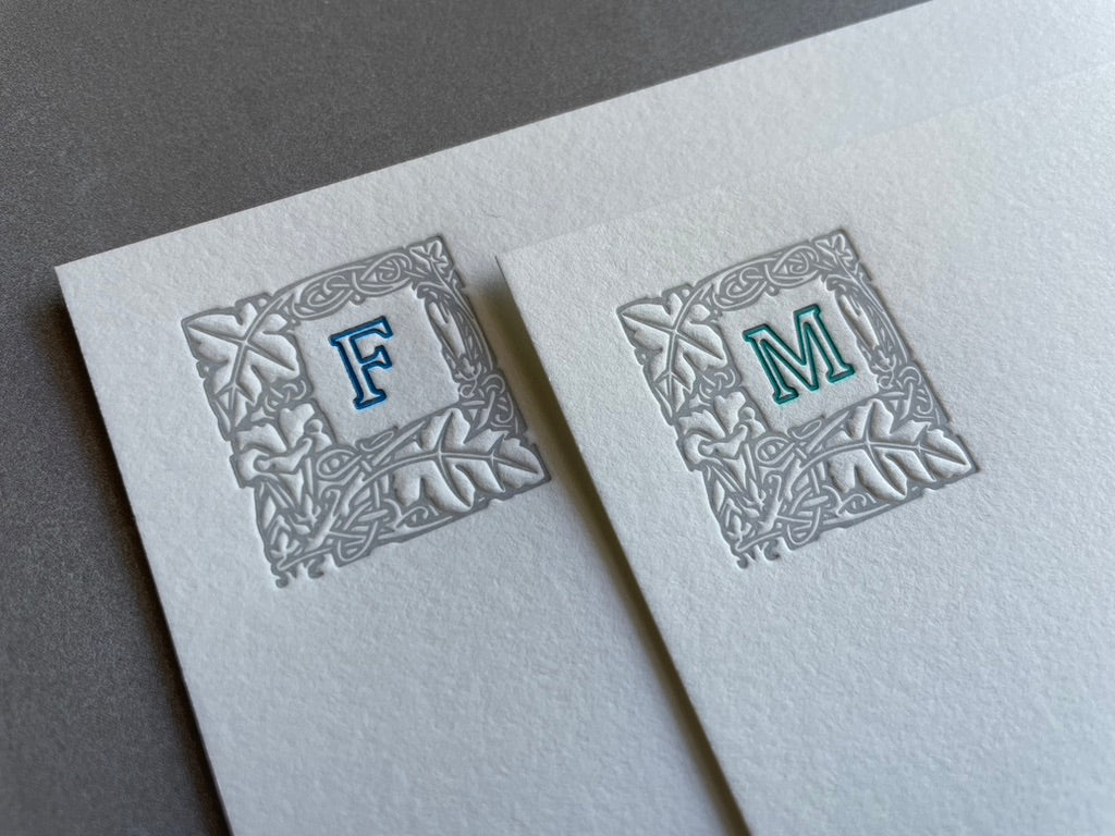 Lovely Leaf: 2-Color, Custom Initial Letterpress Stationery. Personalized Notecards with Envelopes. - Hearty Greetings