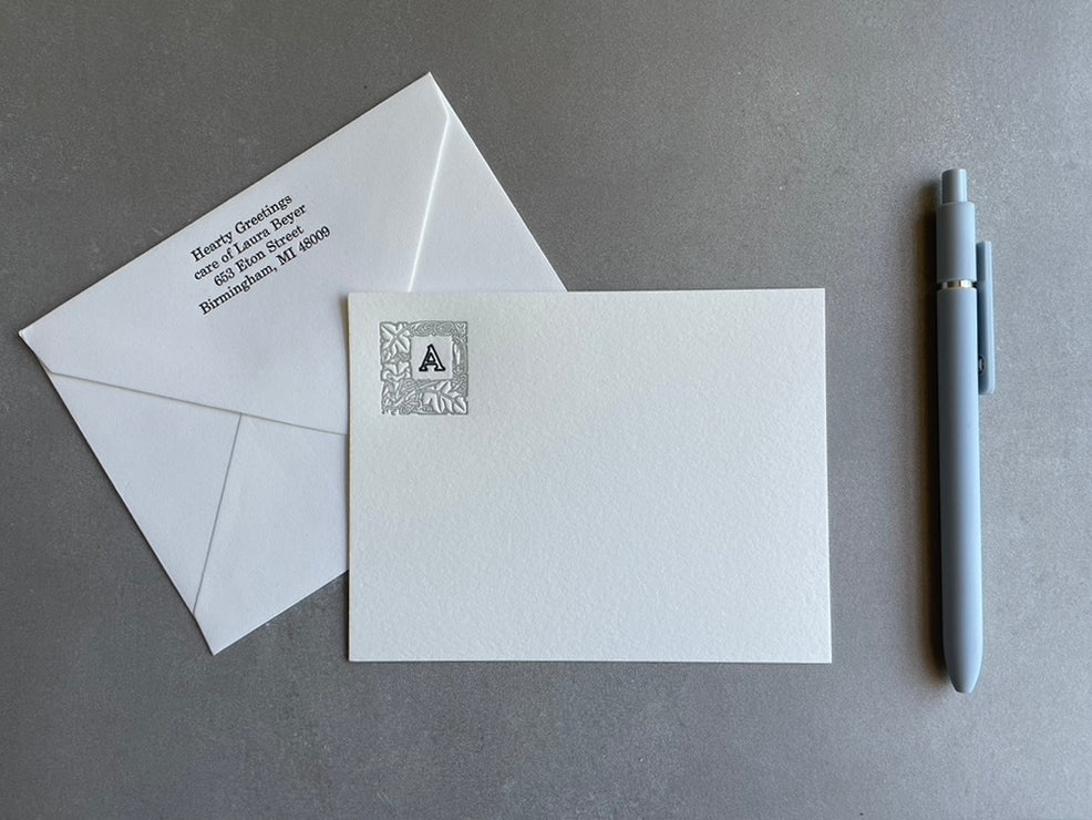 Lovely Leaf: 2-Color, Custom Initial Letterpress Stationery. Personalized Notecards with Envelopes. - Hearty Greetings