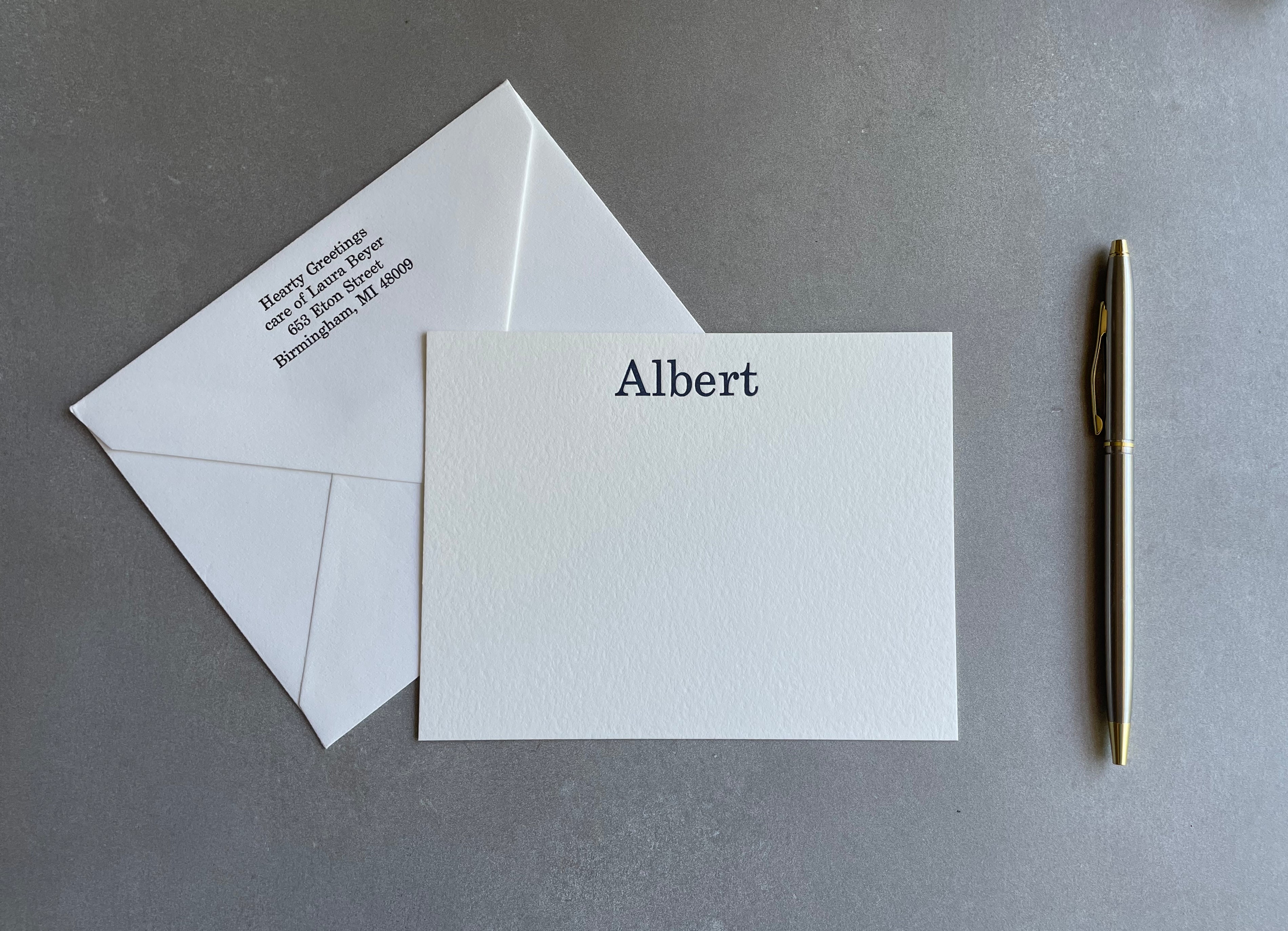 Century Schoolbook: Custom Name Letterpress Stationery. Personalized Notecards with Envelopes. - Hearty Greetings