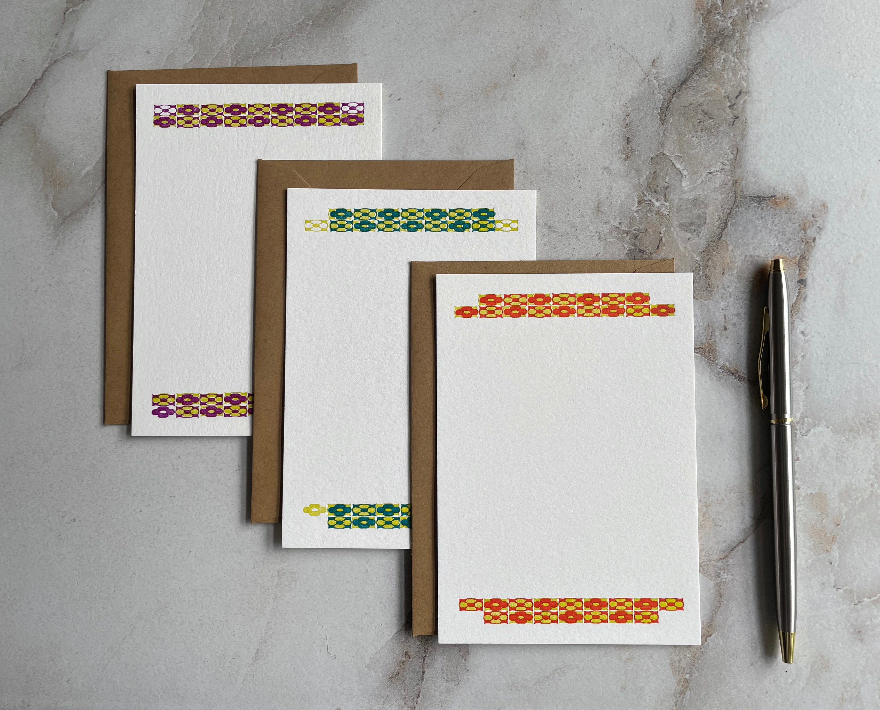 Set of 3, Handprinted Floral Letterpress Notecards with Envelopes. - Hearty Greetings