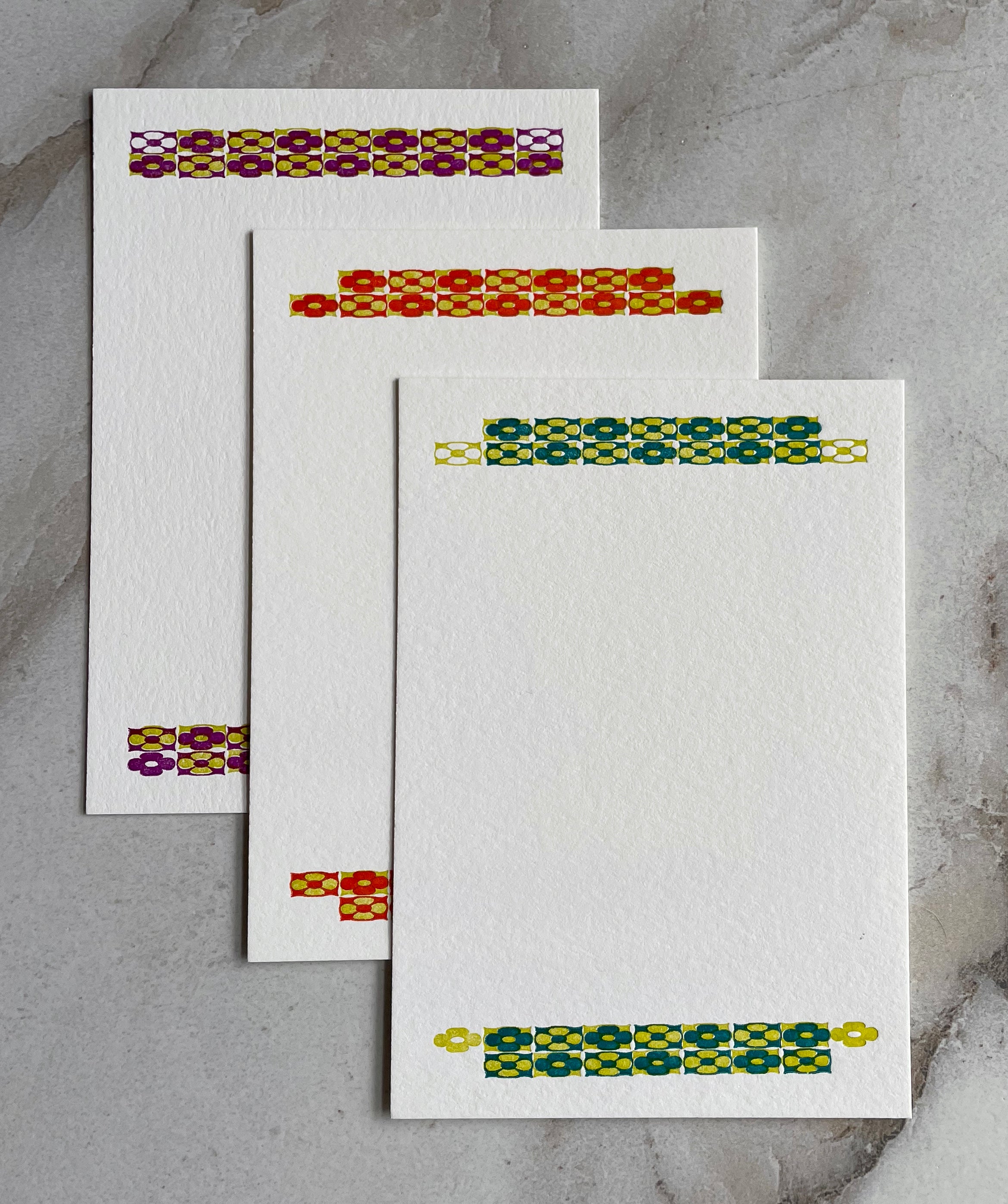 Set of 3, Handprinted Floral Letterpress Notecards with Envelopes. - Hearty Greetings