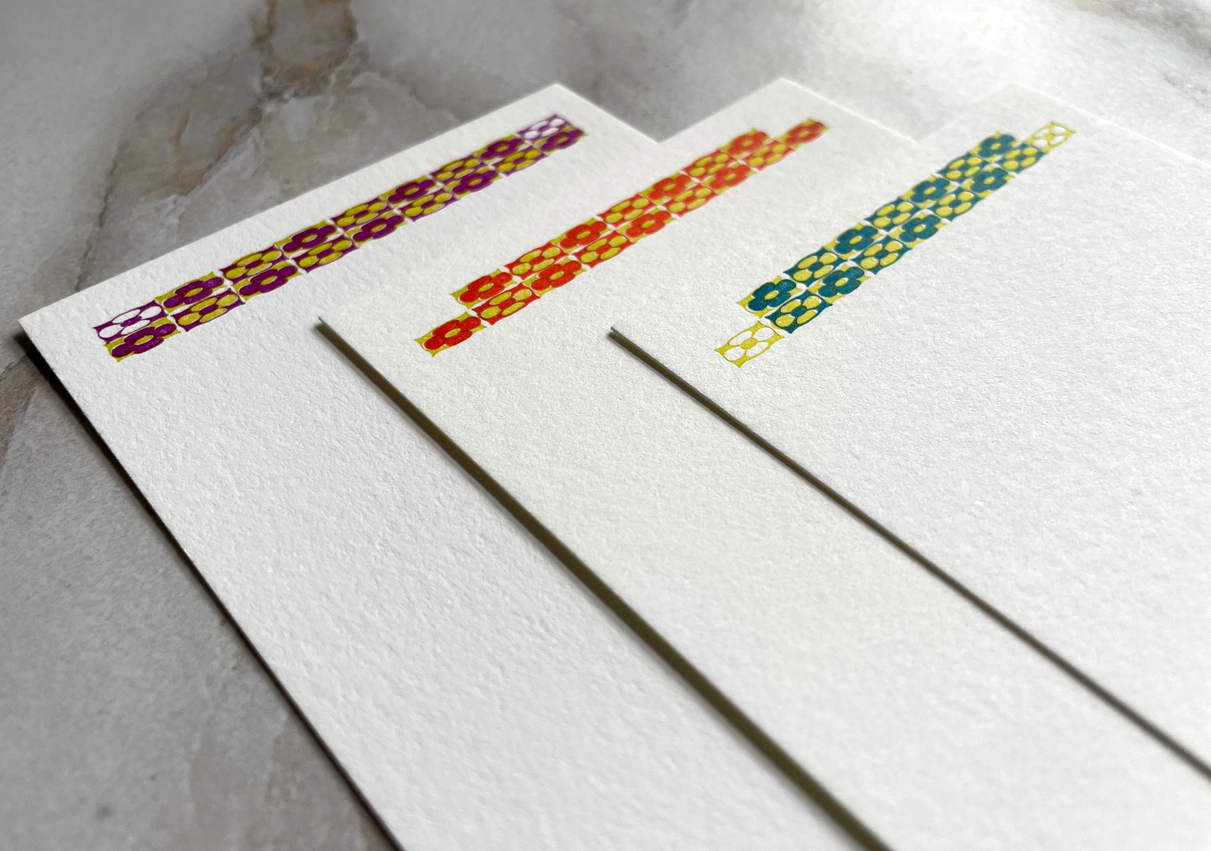 Set of 3, Handprinted Floral Letterpress Notecards with Envelopes. - Hearty Greetings