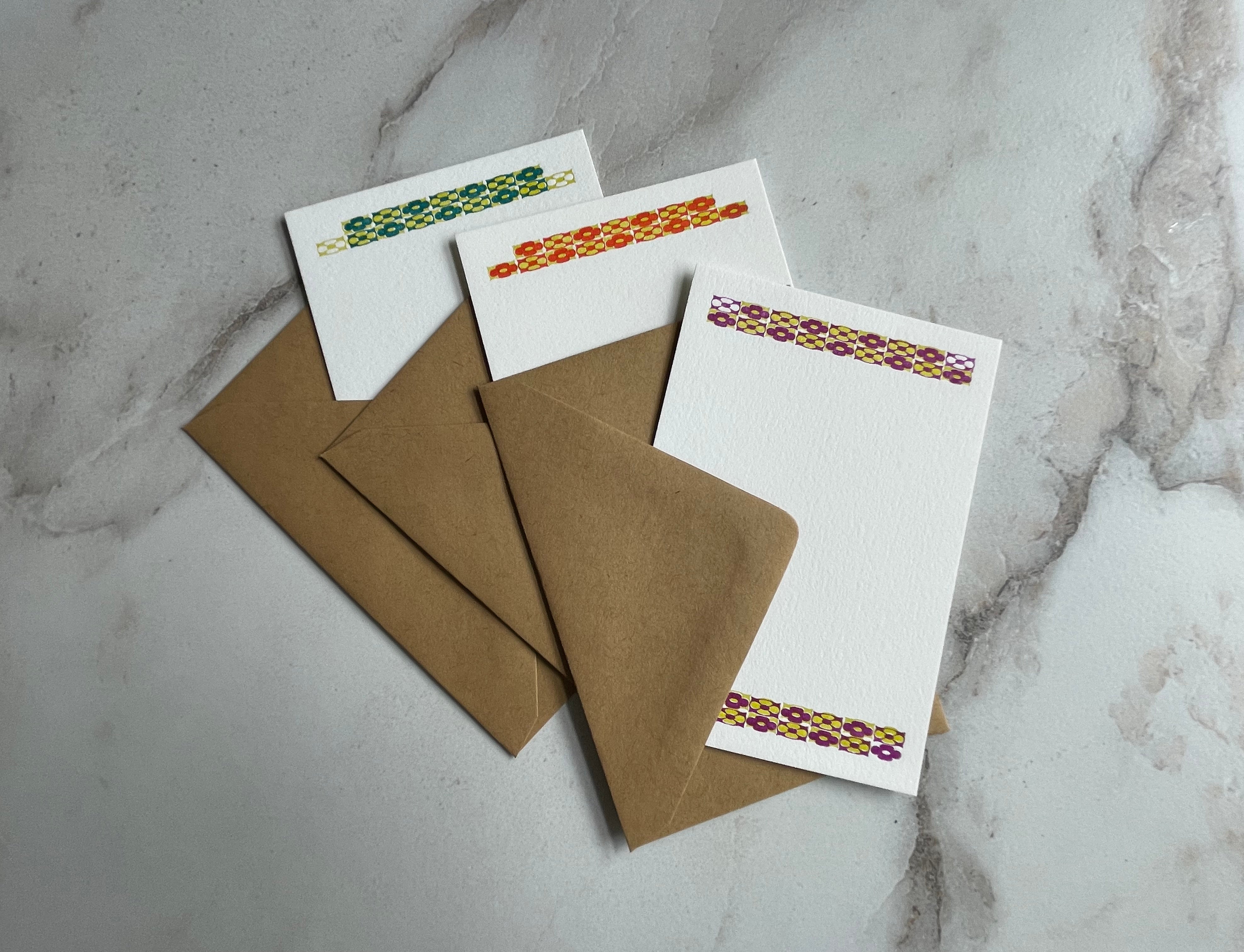 Set of 3, Handprinted Floral Letterpress Notecards with Envelopes. - Hearty Greetings