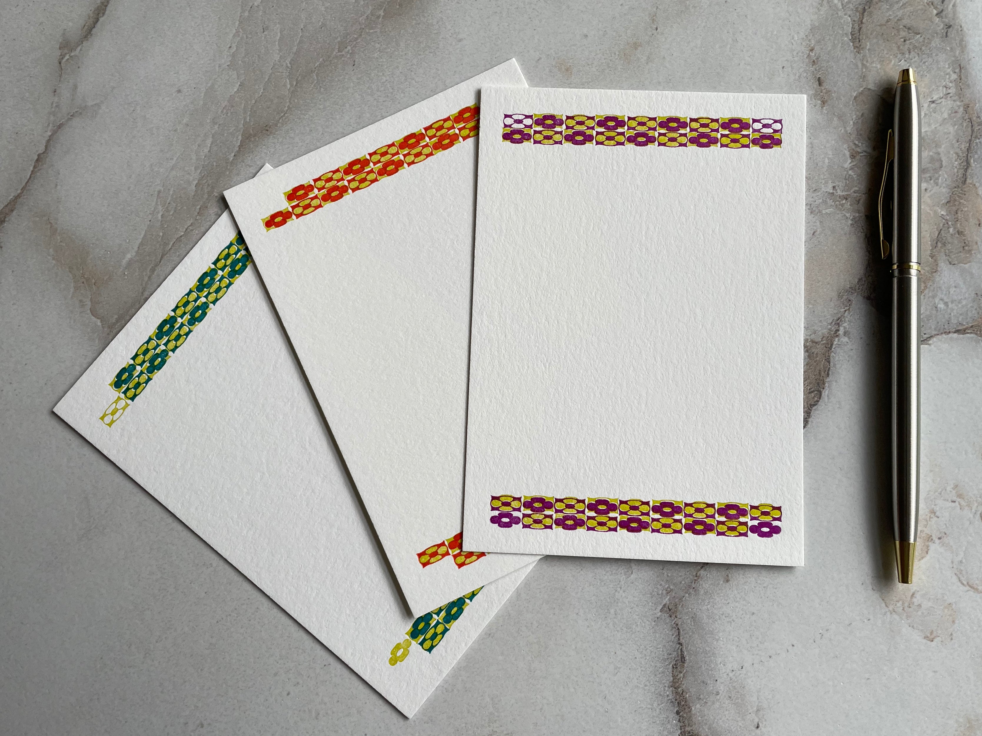 Set of 3, Handprinted Floral Letterpress Notecards with Envelopes. - Hearty Greetings