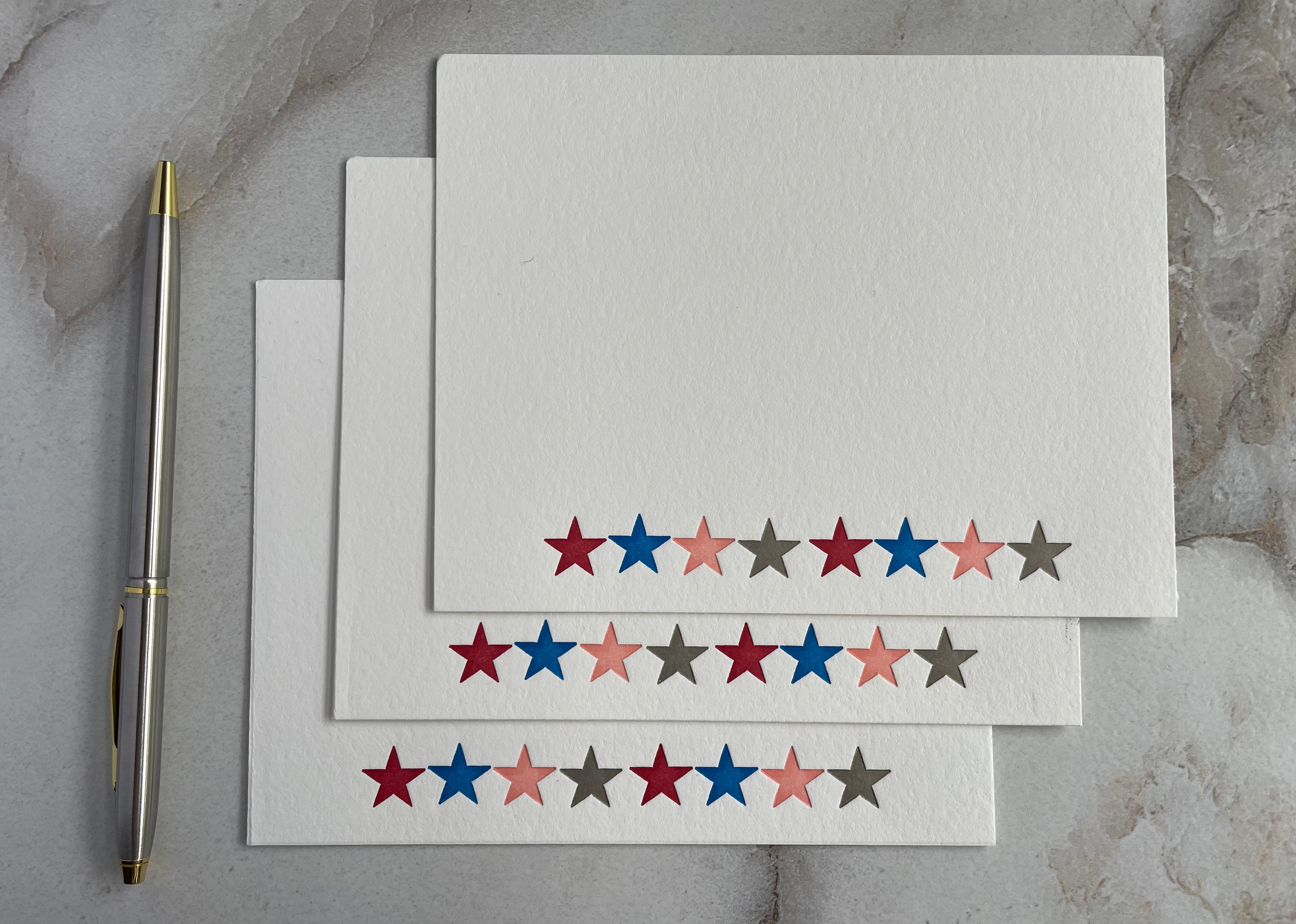 Set of 3, Handprinted Letterpress Notecard Set with Envelopes. - Hearty Greetings