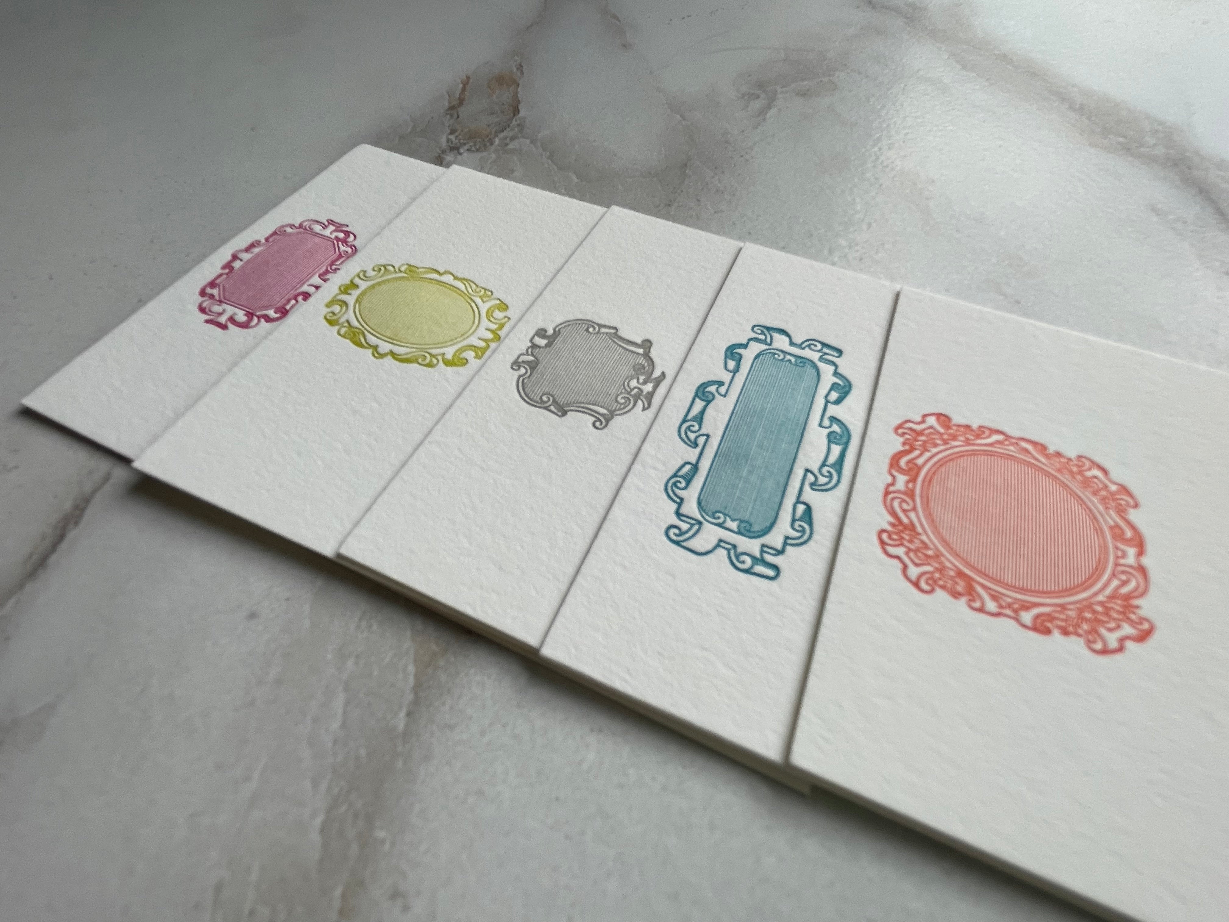 Set of 5, Handprinted Colorful Frame Letterpress Notecards with Envelopes. - Hearty Greetings