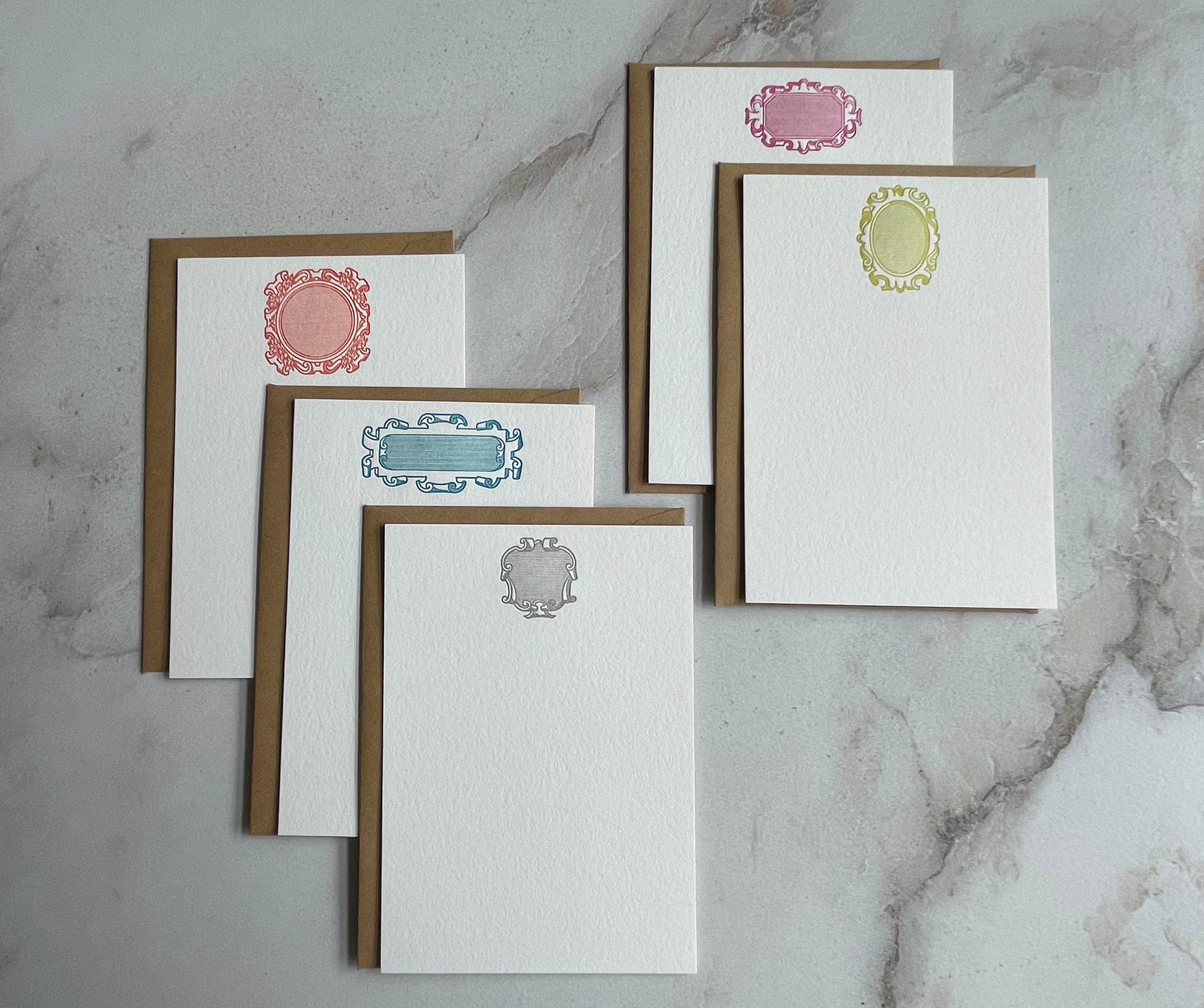 Set of 5, Handprinted Colorful Frame Letterpress Notecards with Envelopes. - Hearty Greetings