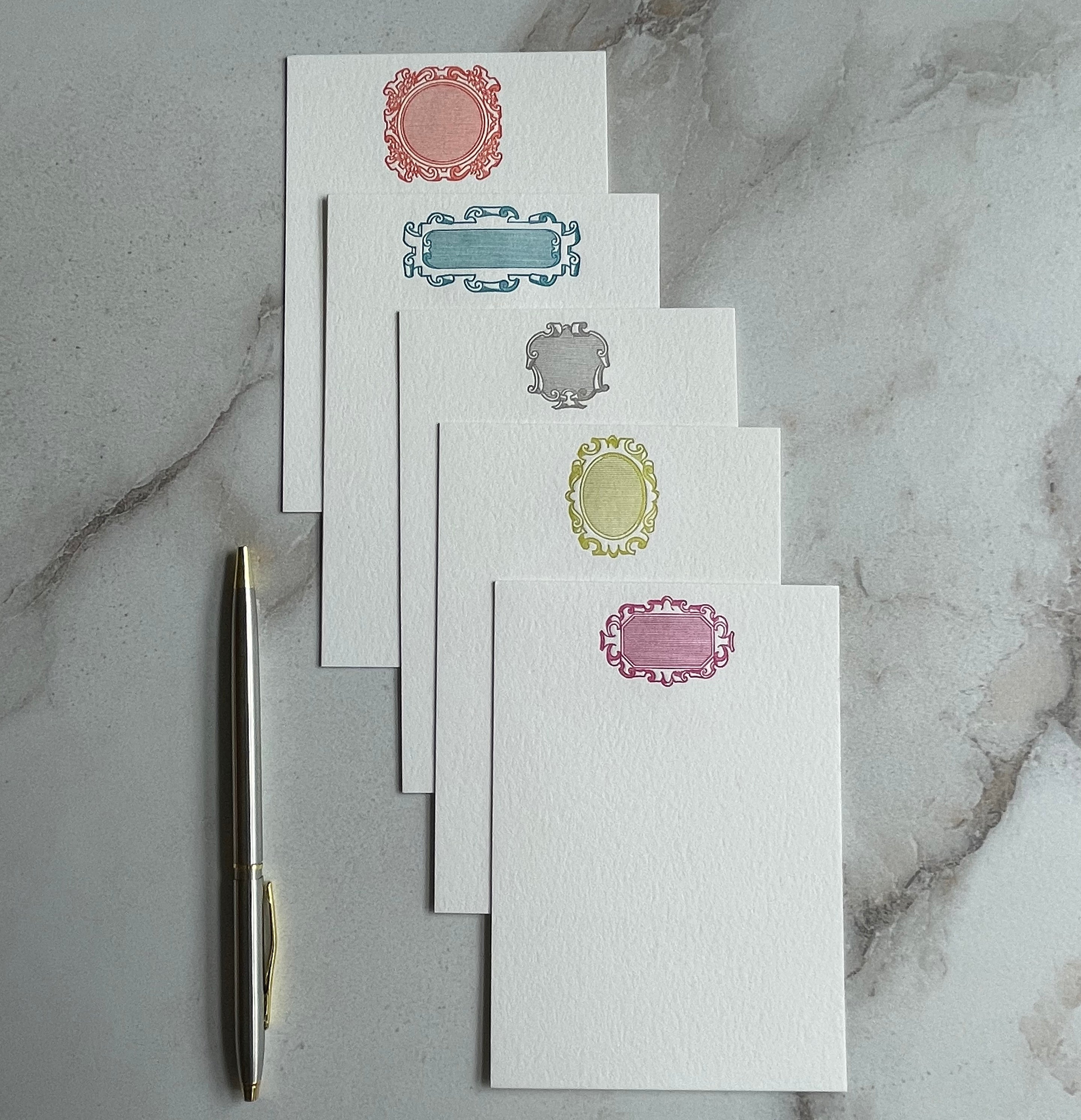 Set of 5, Handprinted Colorful Frame Letterpress Notecards with Envelopes. - Hearty Greetings