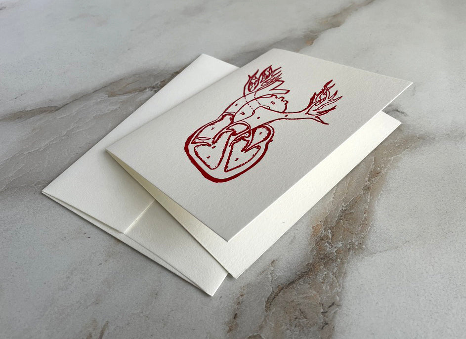 Set of 10, Anatomical Heart Letterpress Folded Cards with Envelopes. Boxed card set. - Hearty Greetings