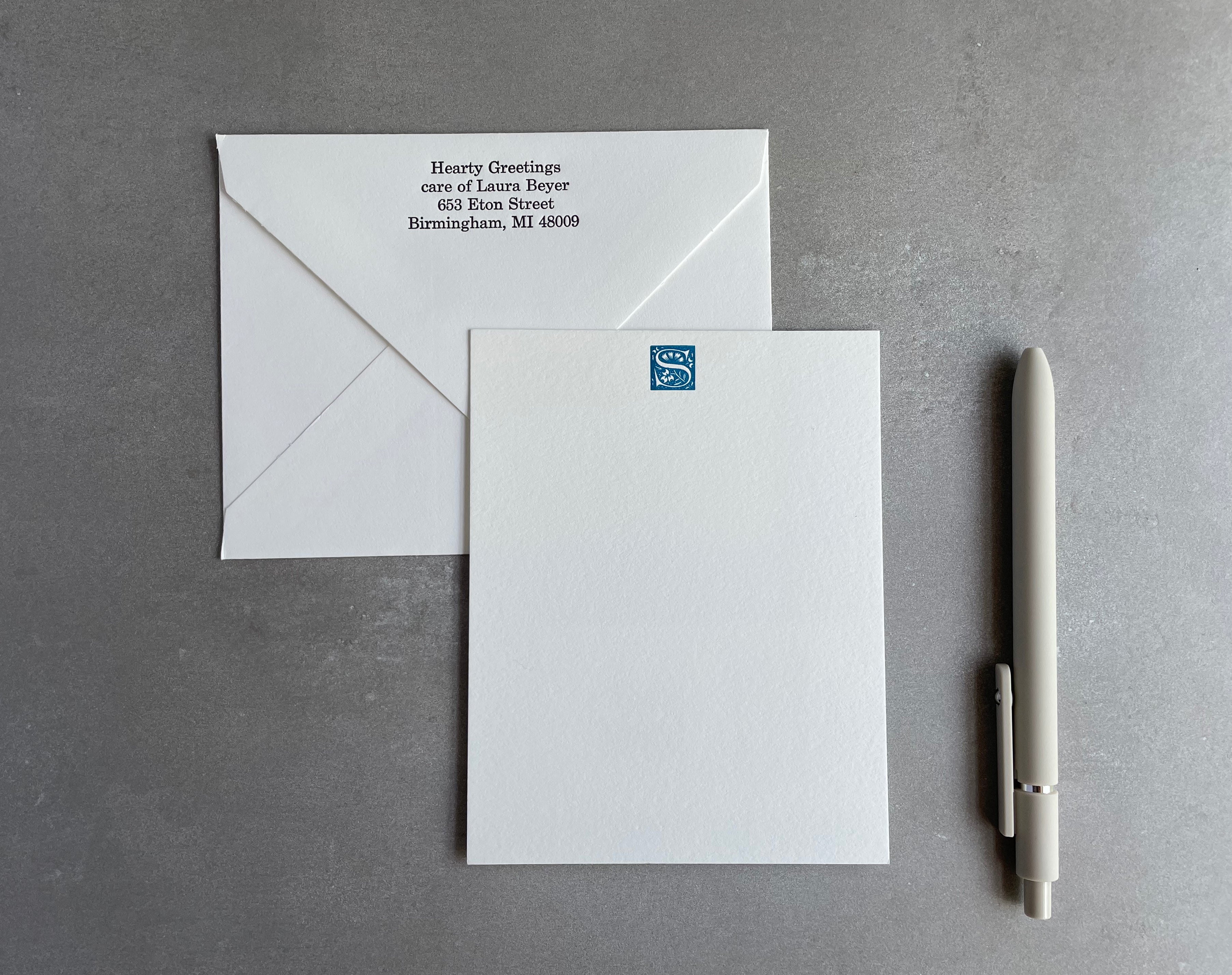 Storybook: Custom Initial Letterpress Stationery. Personalized Notecards with Envelopes. - Hearty Greetings