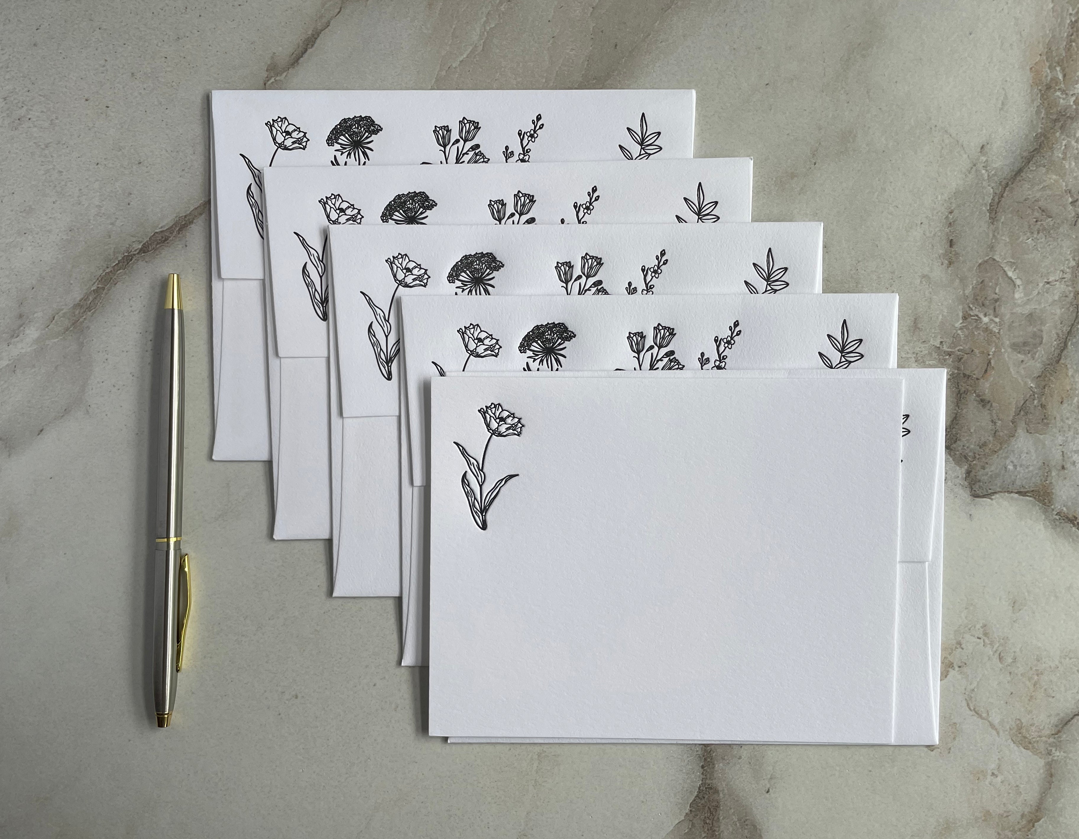 Set of 5, Floral Handprinted Letterpress Notecards with Printed Envelopes. - Hearty Greetings