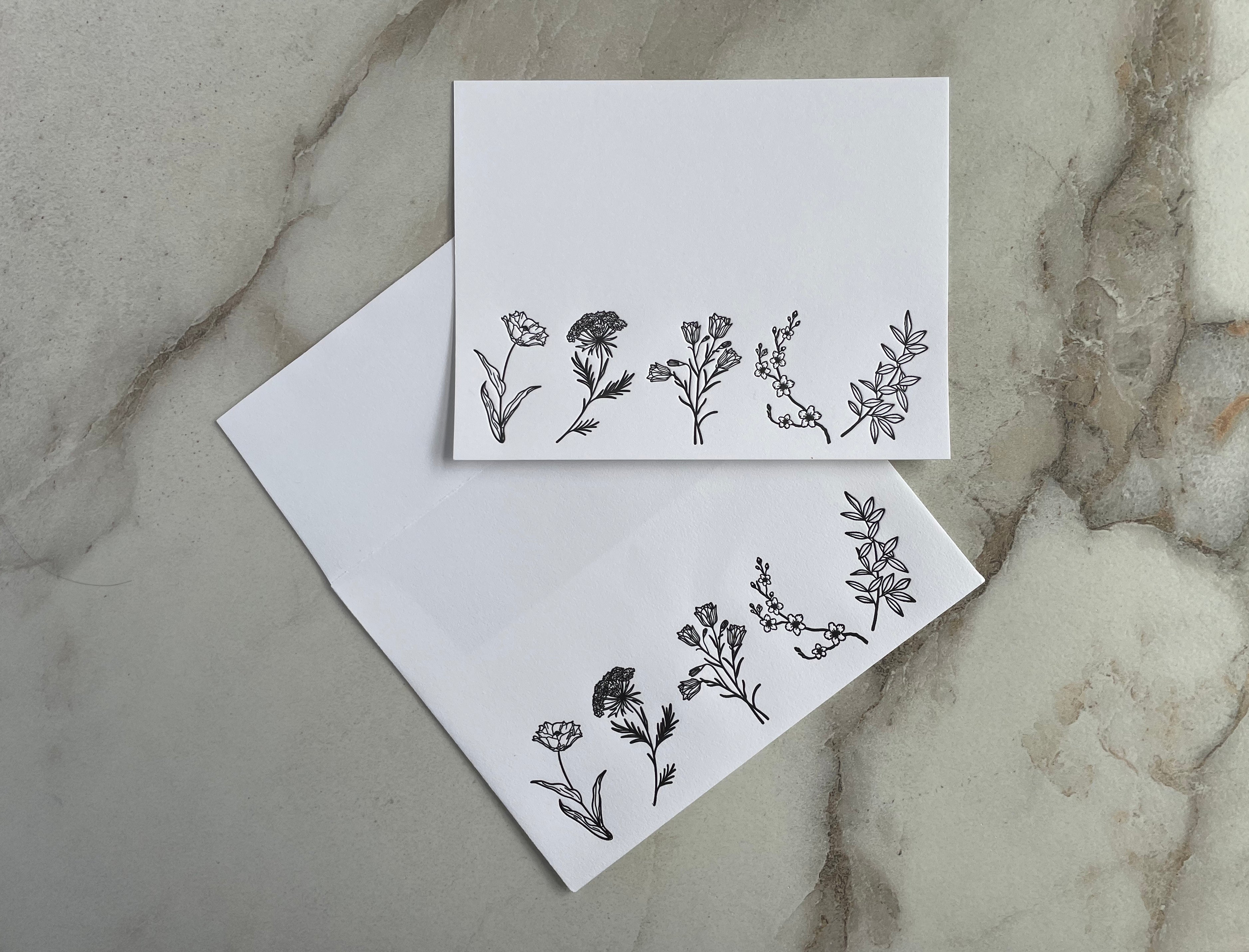Set of 5, Floral Handprinted Letterpress Notecards with Matching Handprinted Envelopes. - Hearty Greetings