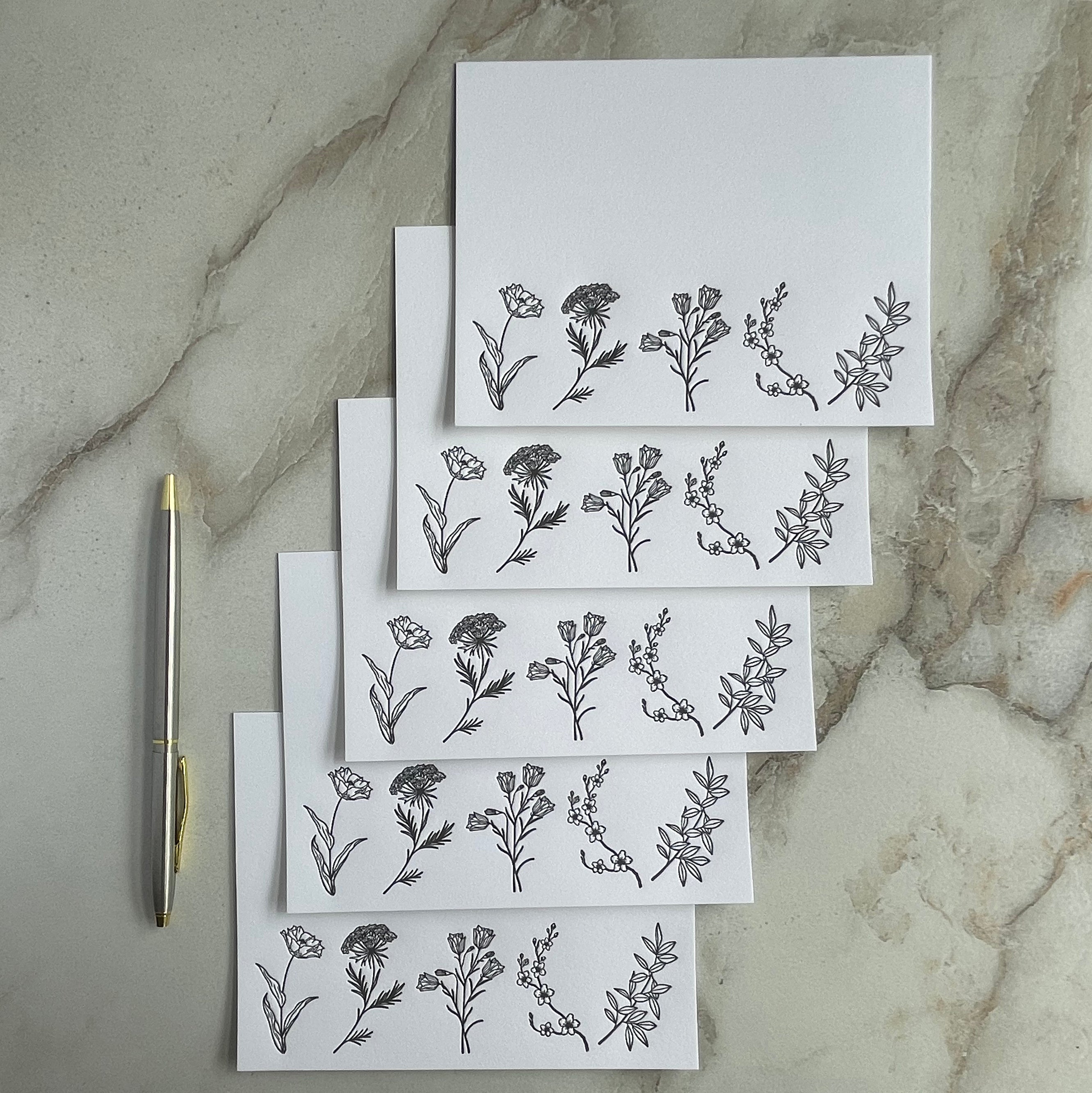 Set of 5, Floral Handprinted Letterpress Notecards with Matching Handprinted Envelopes. - Hearty Greetings