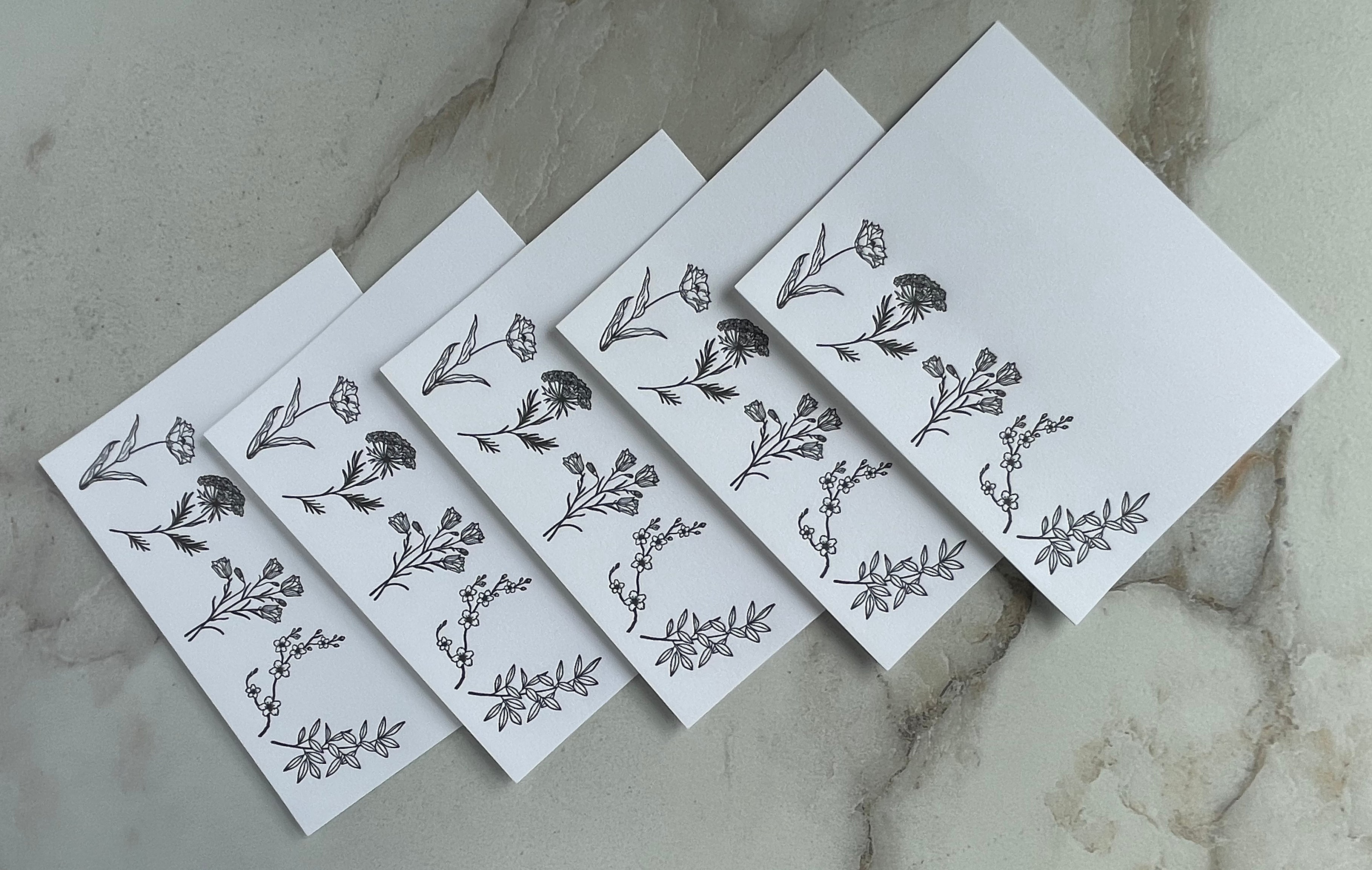 Set of 5, Floral Handprinted Letterpress Notecards with Matching Handprinted Envelopes. - Hearty Greetings