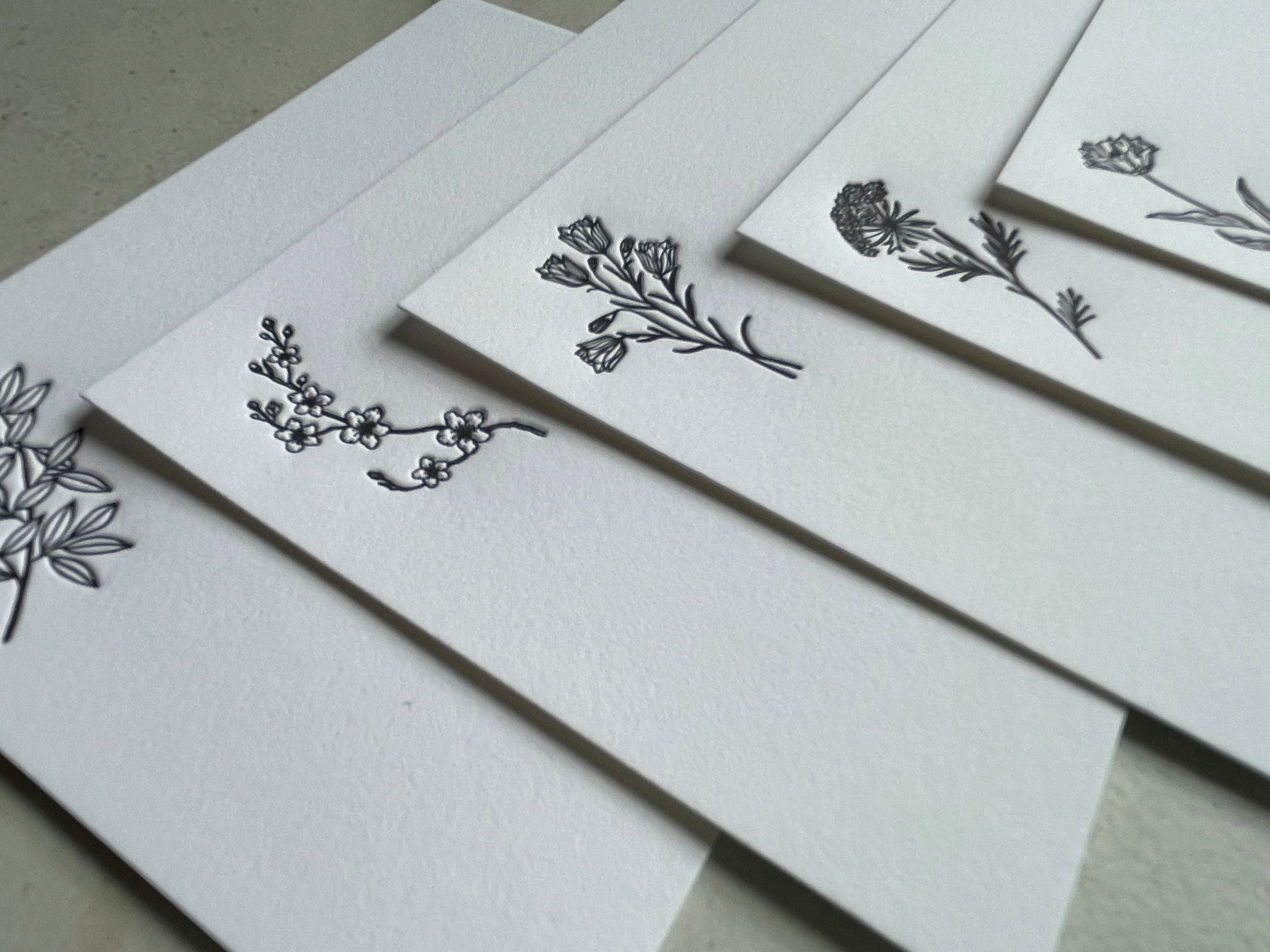 Set of 5, Floral Handprinted Letterpress Notecards with Printed Envelopes. - Hearty Greetings