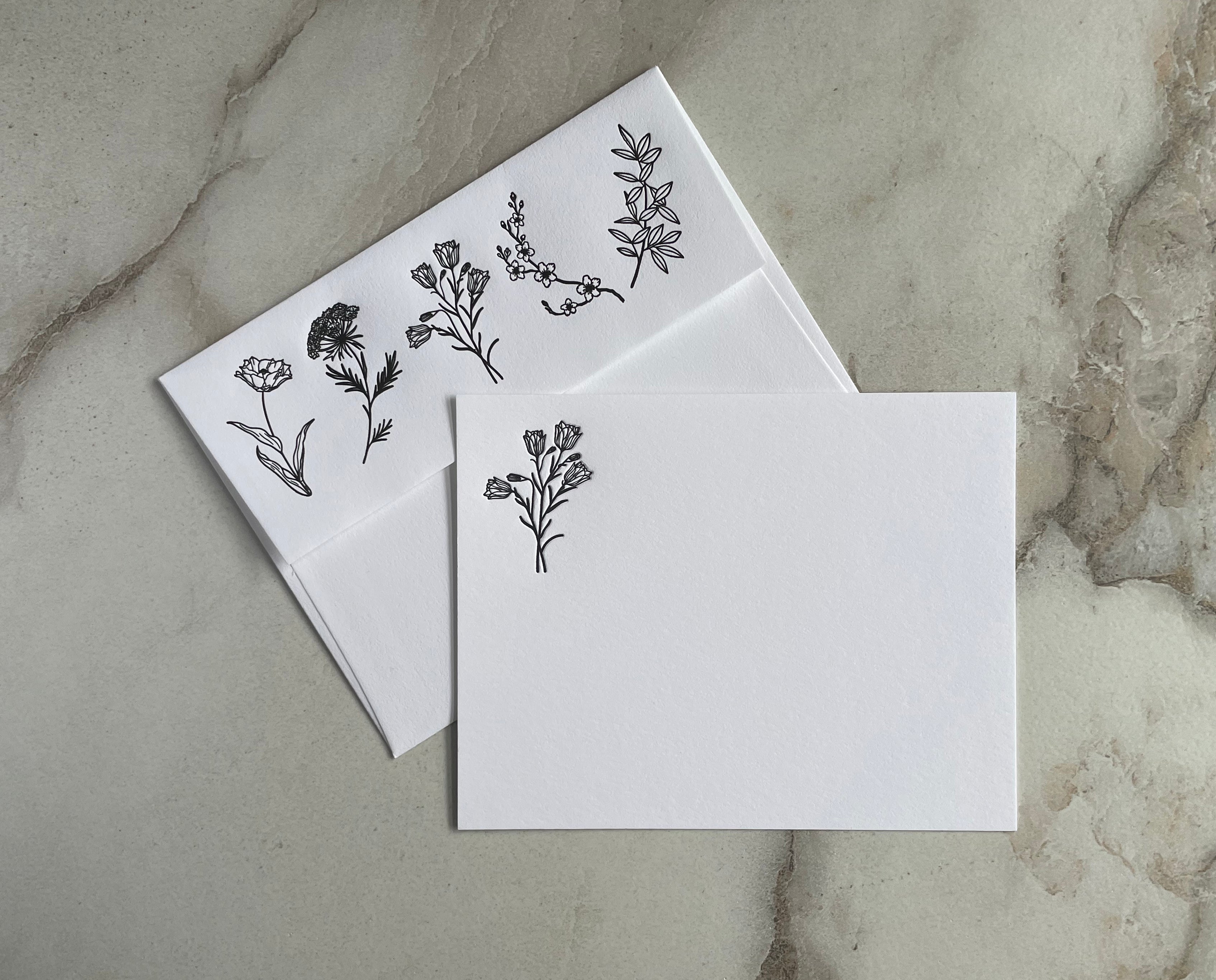 Set of 5, Floral Handprinted Letterpress Notecards with Printed Envelopes. - Hearty Greetings