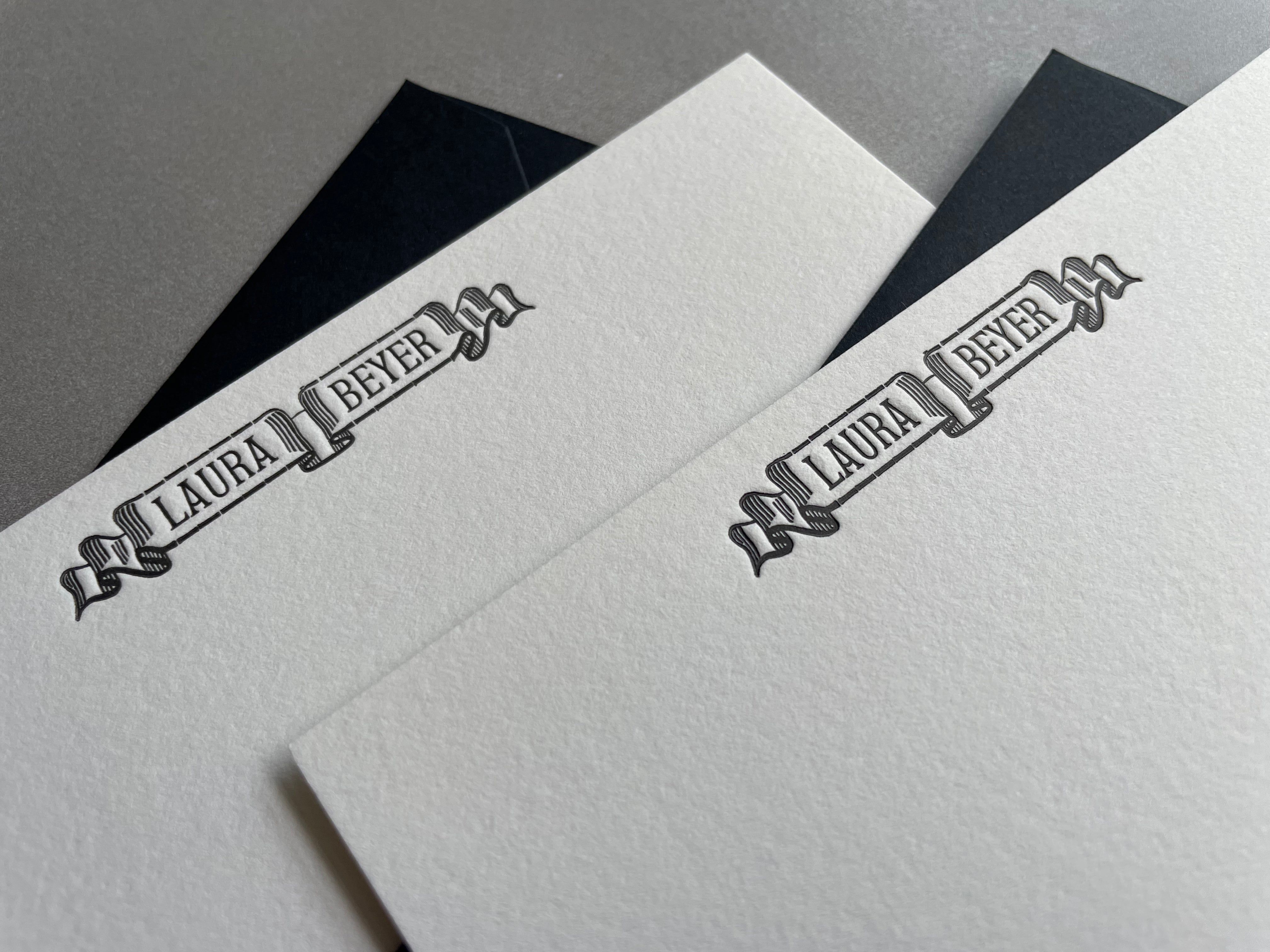 Banner: Custom Name Letterpress Stationery. Personalized Notecards with Envelopes. - Hearty Greetings