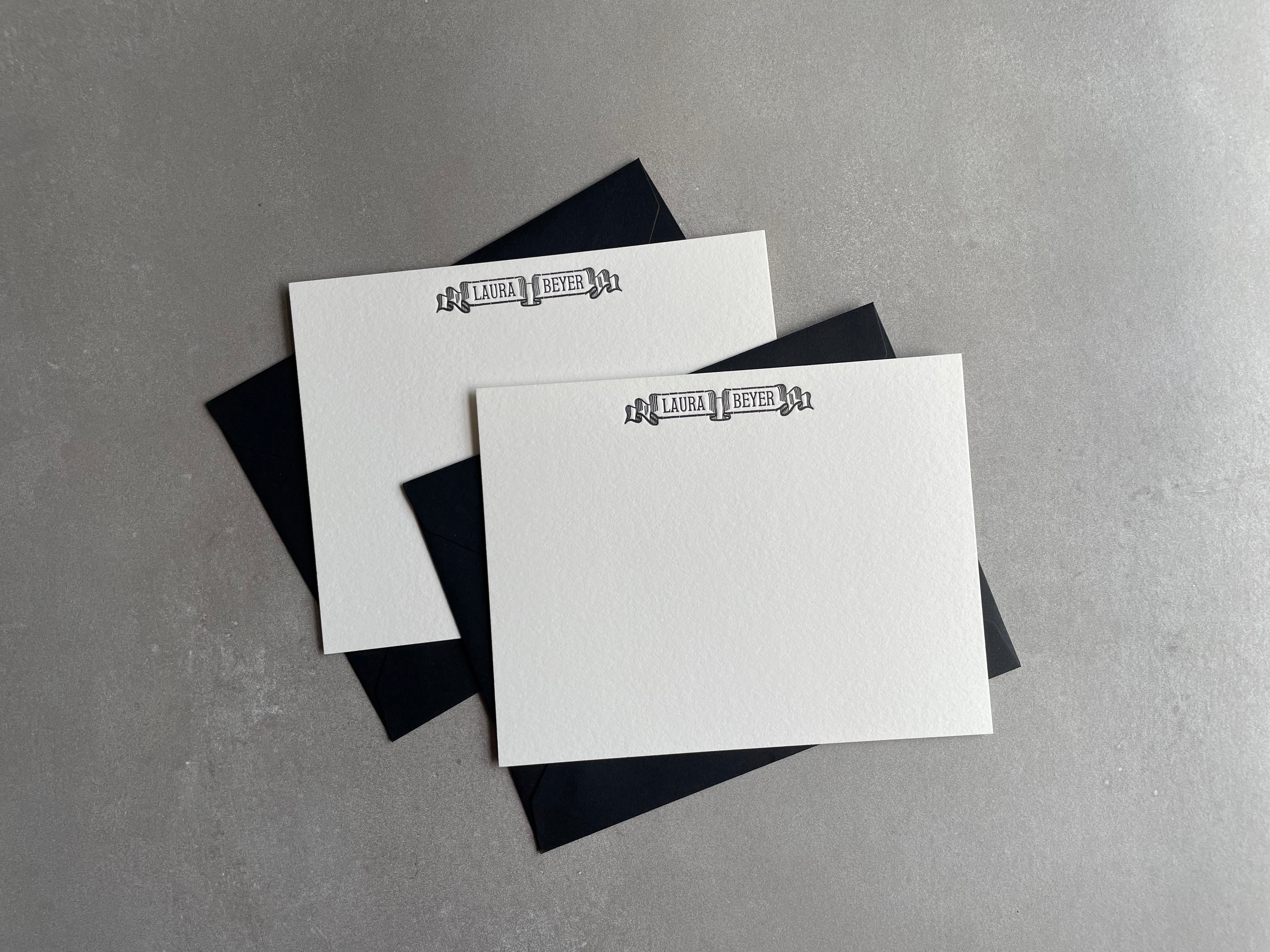 Banner: Custom Name Letterpress Stationery. Personalized Notecards with Envelopes. - Hearty Greetings