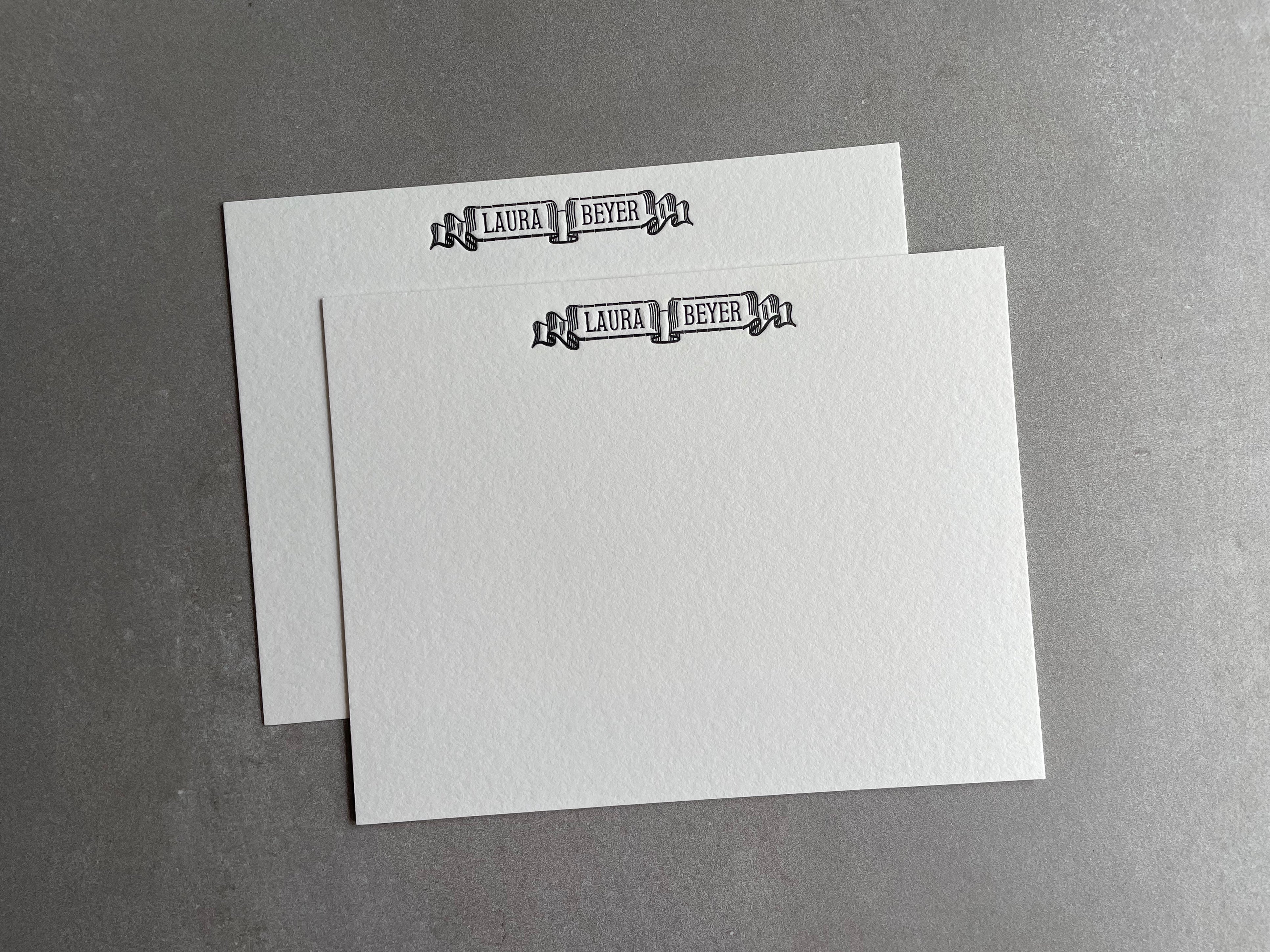 Banner: Custom Name Letterpress Stationery. Personalized Notecards with Envelopes. - Hearty Greetings