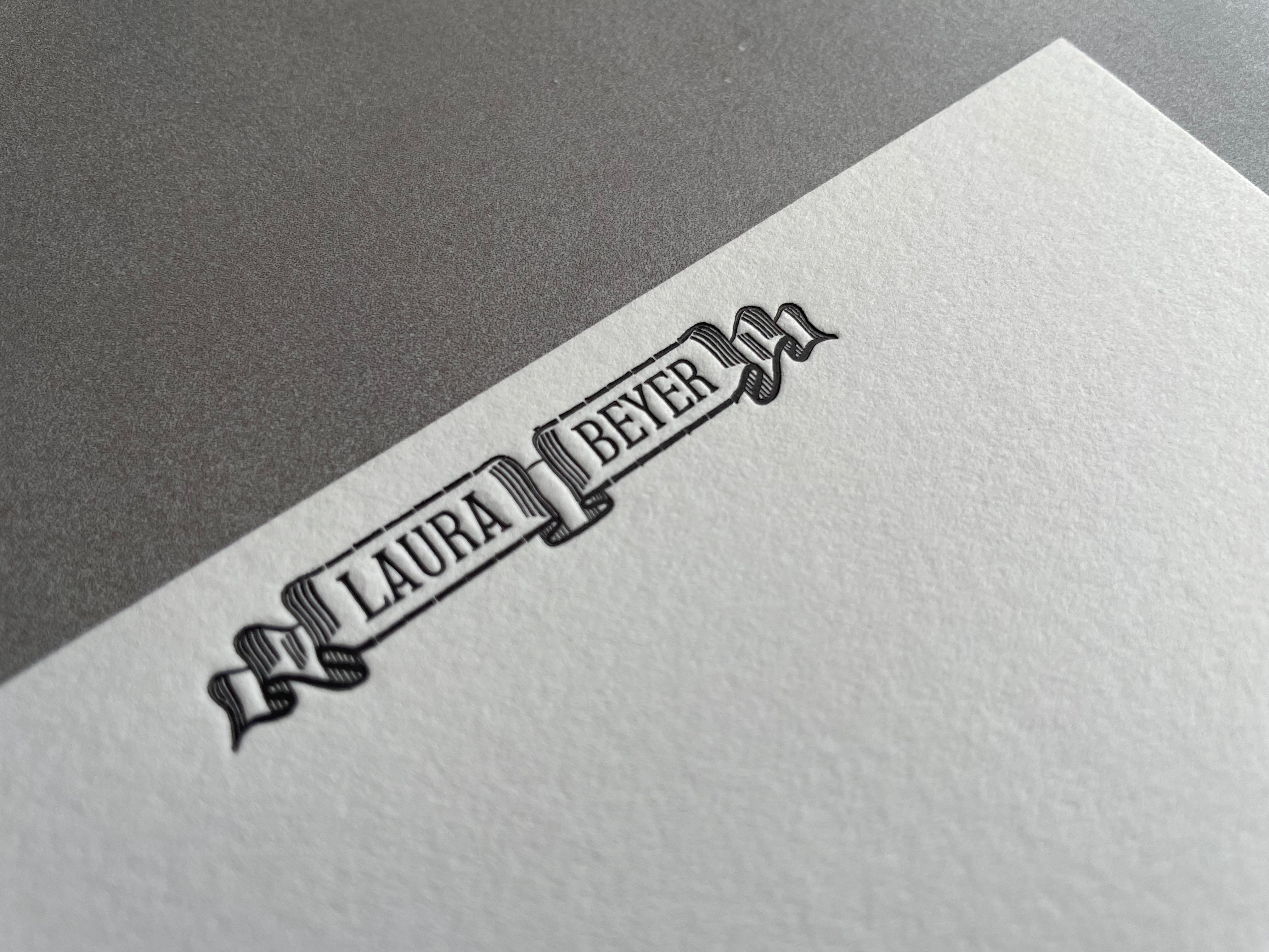 Banner: Custom Name Letterpress Stationery. Personalized Notecards with Envelopes. - Hearty Greetings