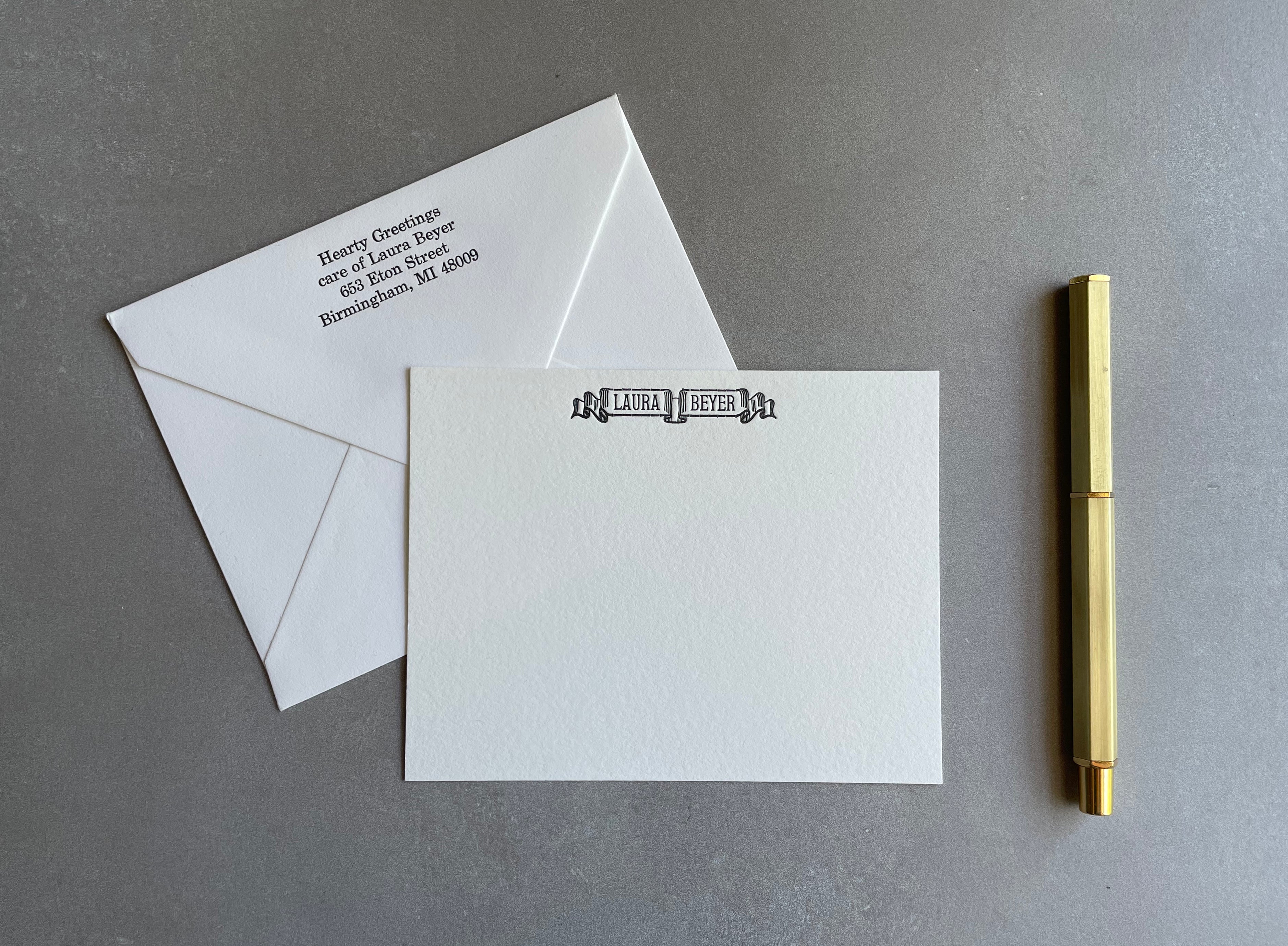 Banner: Custom Name Letterpress Stationery. Personalized Notecards with Envelopes. - Hearty Greetings