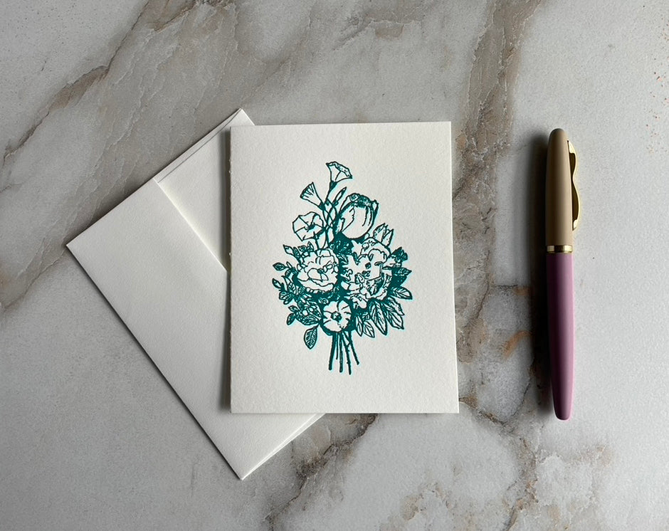 Set of 10, Flower Bouquet Letterpress Folded Cards with Envelopes. Boxed card set. - Hearty Greetings