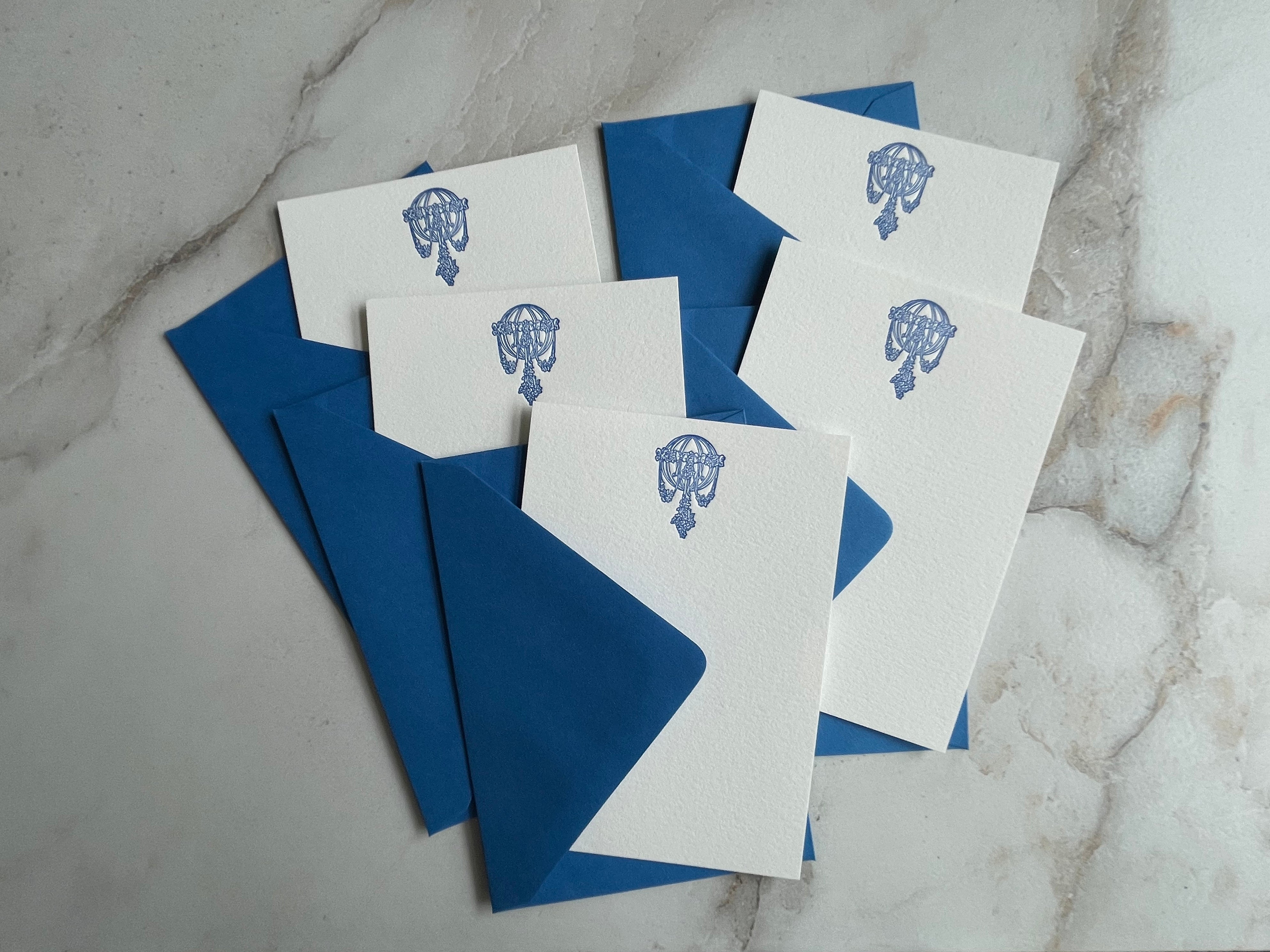 Set of 5, Handprinted Chandelier Letterpress Notecard Set with Envelopes. - Hearty Greetings