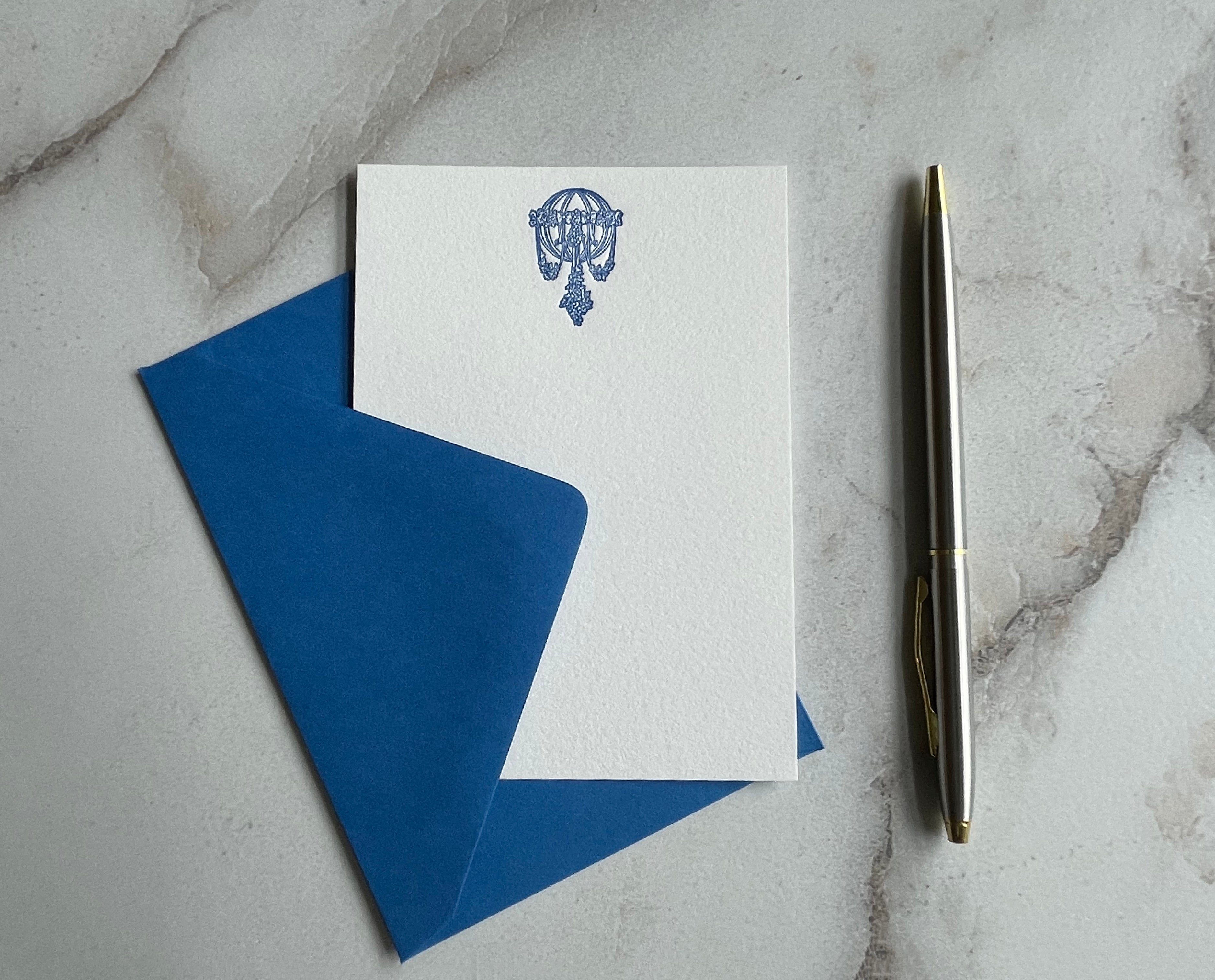 Set of 5, Handprinted Chandelier Letterpress Notecard Set with Envelopes. - Hearty Greetings
