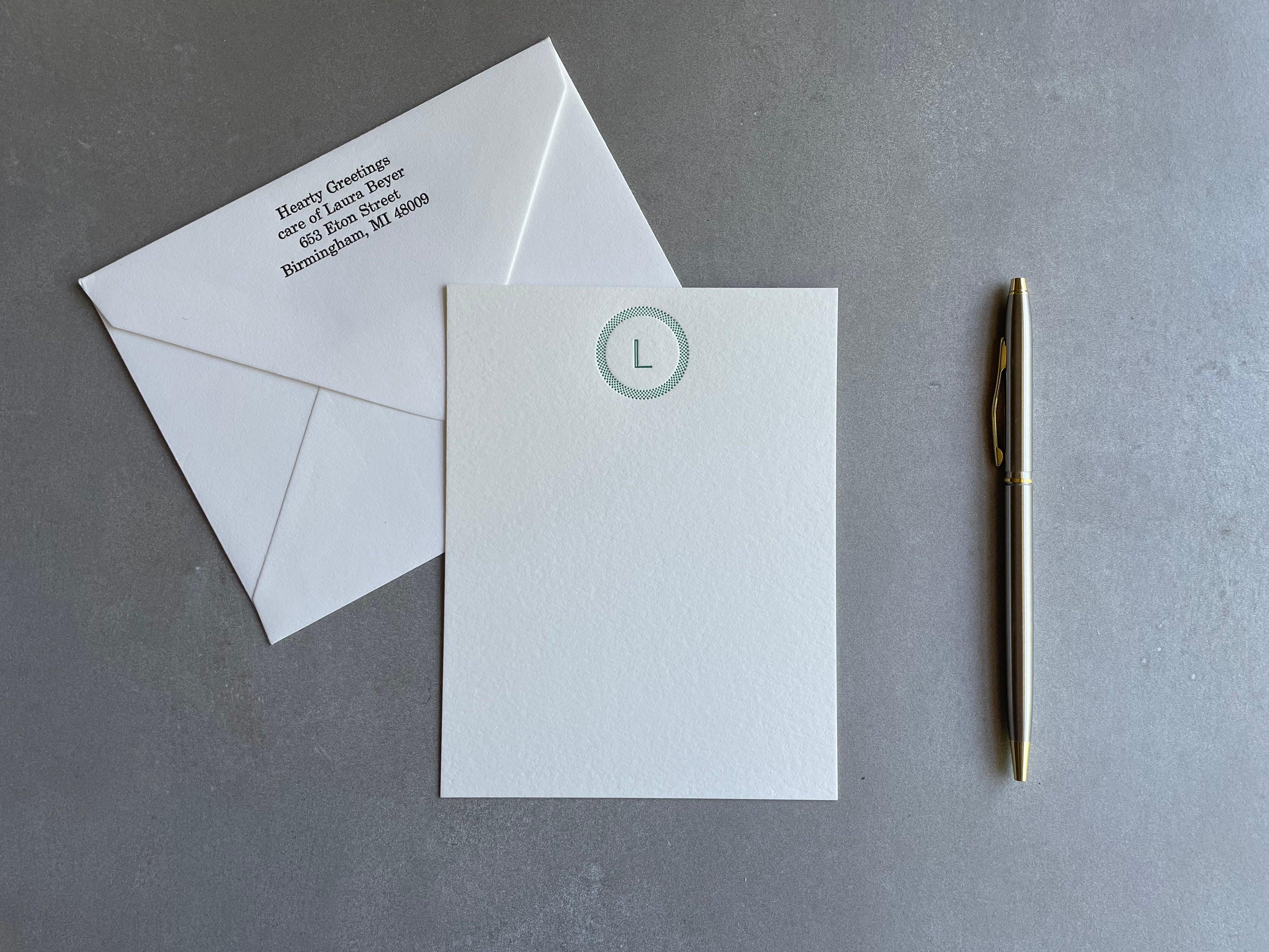 Simple Circle: Custom Initial Letterpress Stationery. Personalized Notecards with Envelopes. - Hearty Greetings
